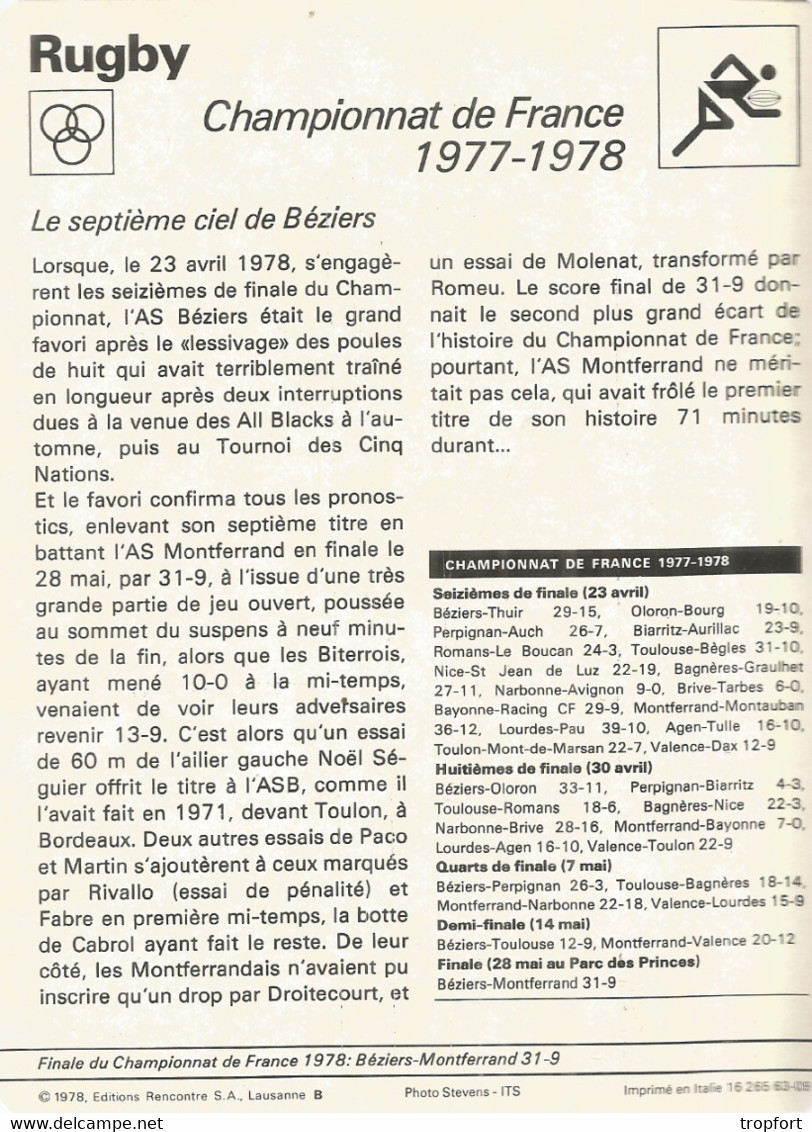 AS / Vintage SPORT Ancienne IMAGE Carte De Collection 1978  / RUGBY Championnat De FRANCE 1977-1978 Béziers Montferrand - Rugby