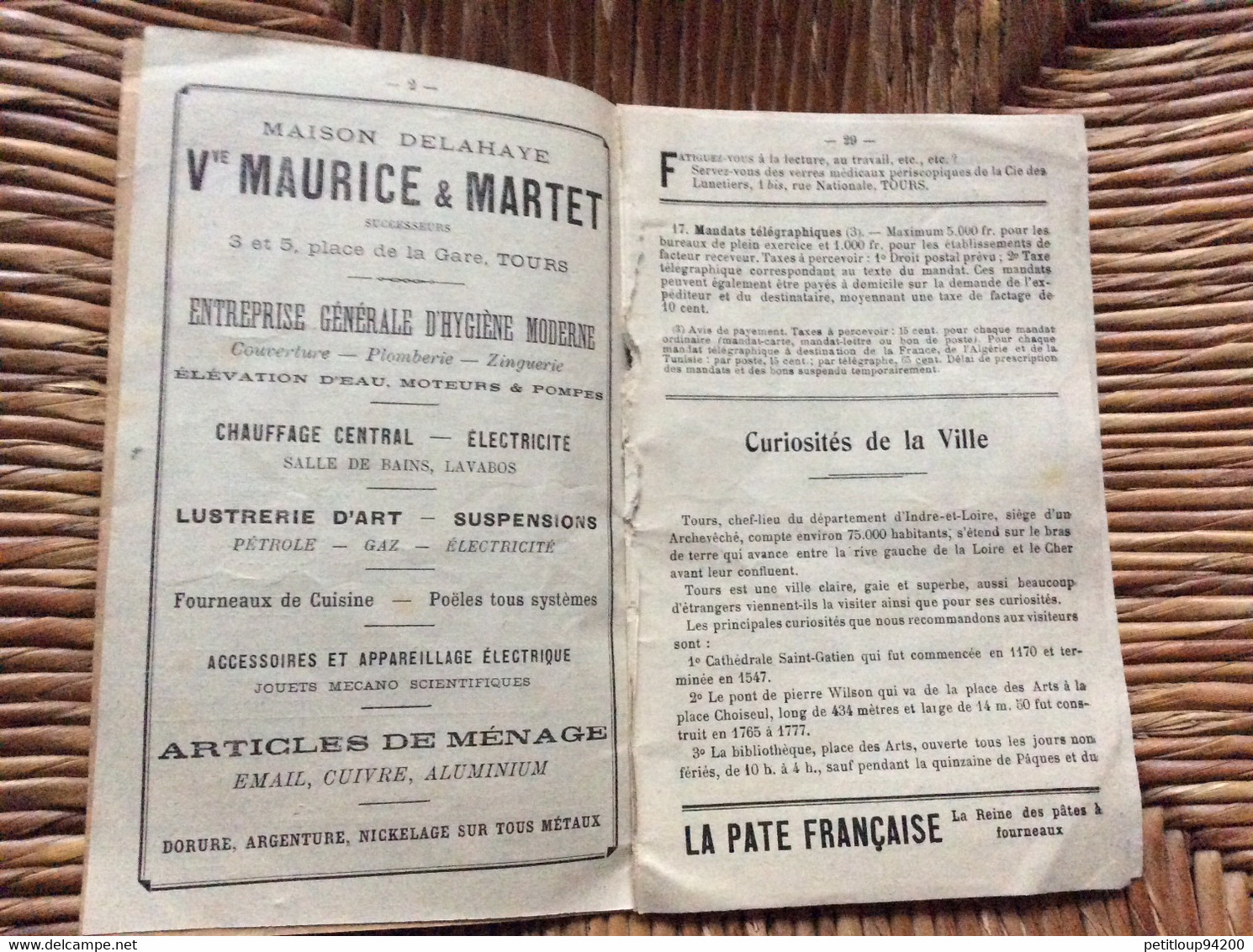 TOURS-GUIDE  Ville De Tours  ANNÉE 1919 - Menus