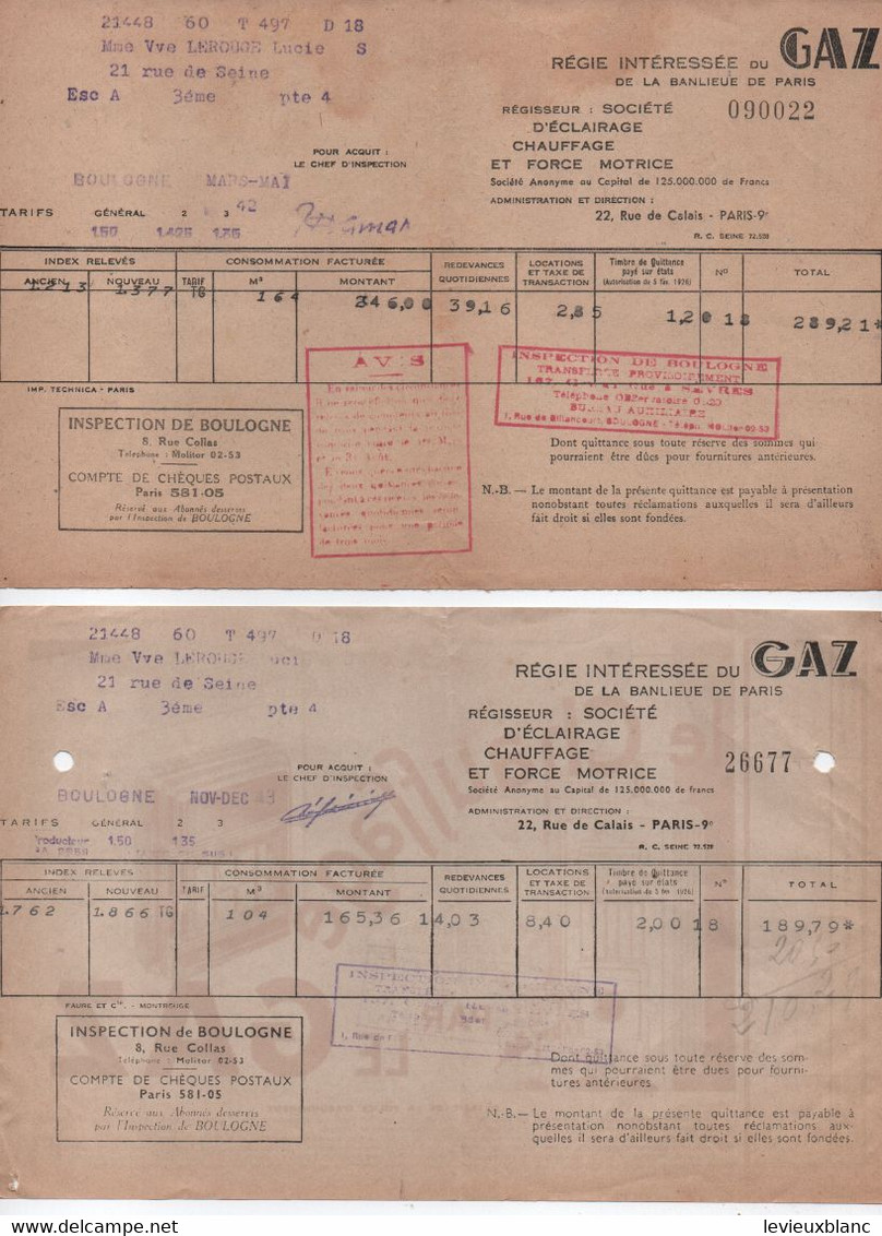 2 Factures GAZ/ Avec Publicités Confort Moderne & Chauffage/Gaz Banlieue Paris/BOULOGNE/ Lerouge/ 1943    GEF71 - Elektrizität & Gas