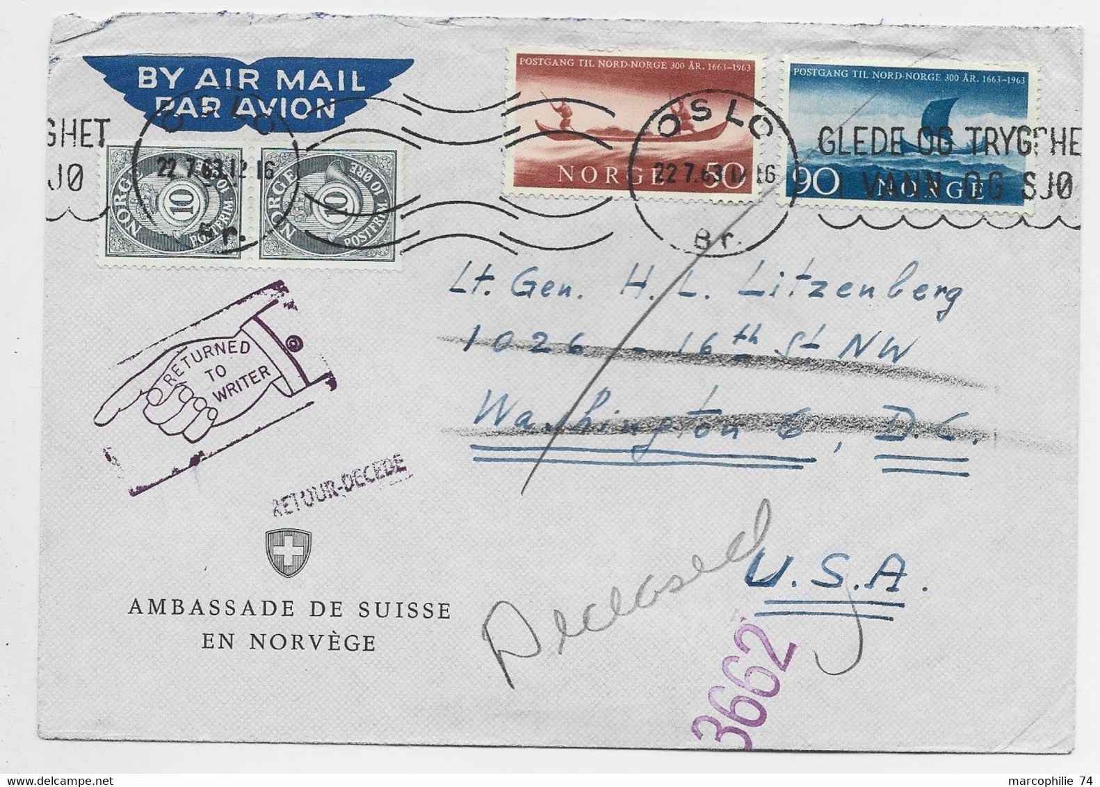 NORGE NORWAY 90 ORE+ 50 ORE + 10 OREPAIRE LETTRE COVER AMBASSADE SUISSE AIR  MAIL OSLO 22.7.1963 TO USA + RETOUR DECEDE - Lettres & Documents