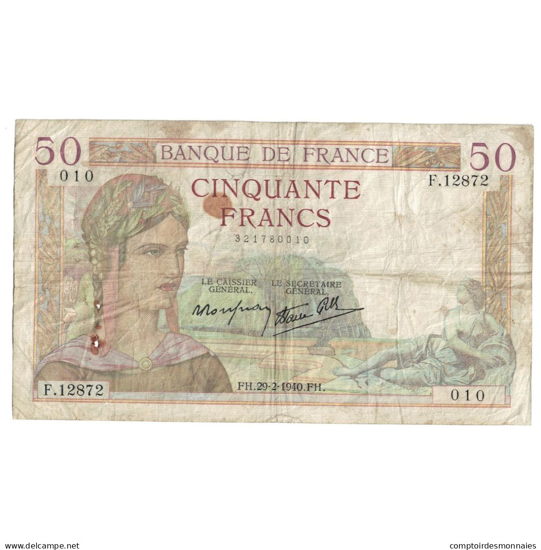 France, 50 Francs, Cérès, 1940, 1940-02-29, B, Fayette:18.40, KM:85b - 50 F 1934-1940 ''Cérès''