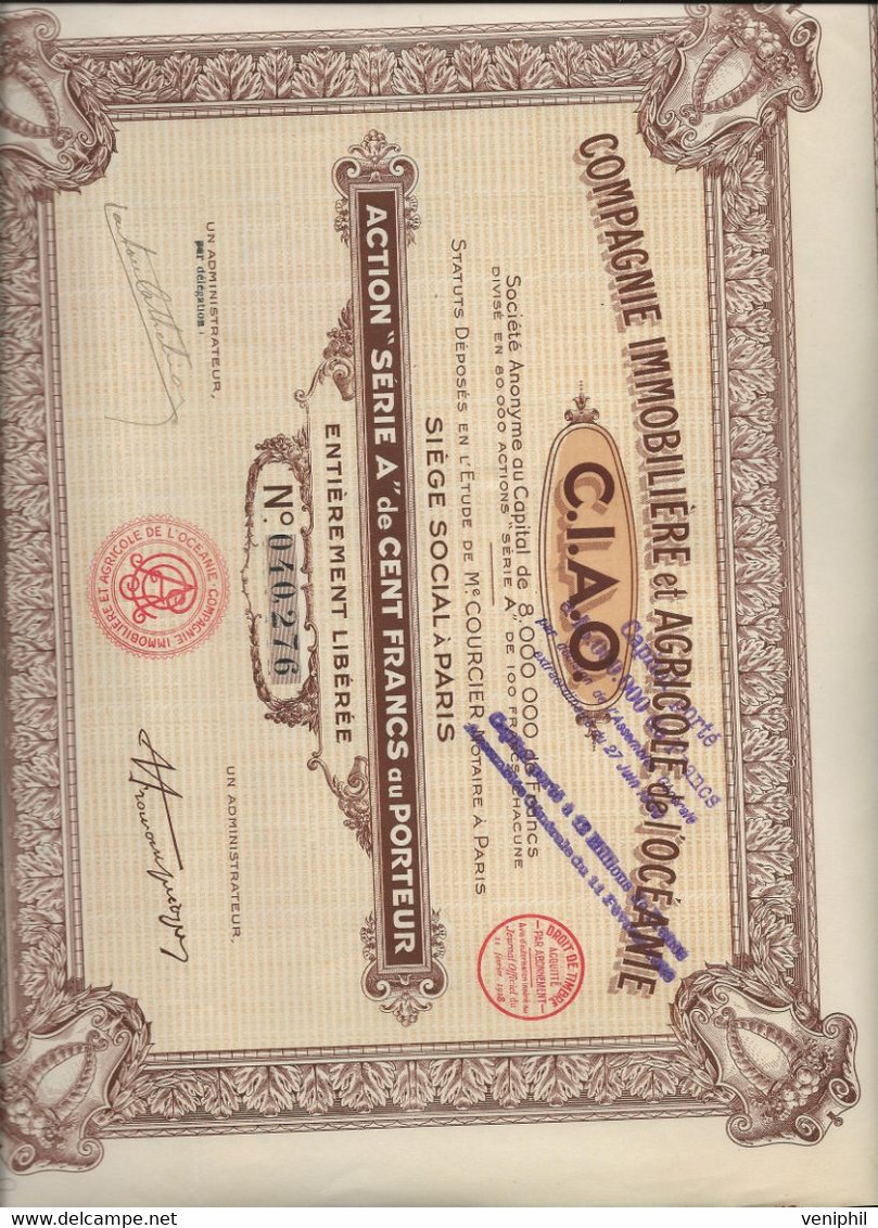 COMPAGNIE IMMOBILIERE ET AGRICOLE DE L'OCEANIE -  ACTION SERIE A DE 100 FRS  - ANNEE 1928 - Asien