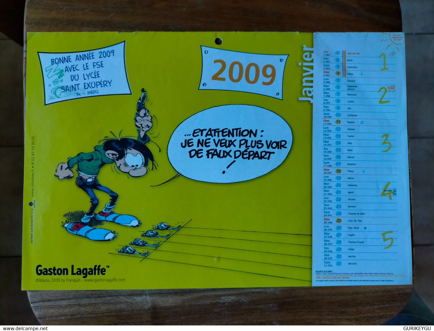 Calendrier GASTON LAGAFFE 2009 Lycée SAINT EXUPERIE 29 Cm X 20 Cm - Gaston