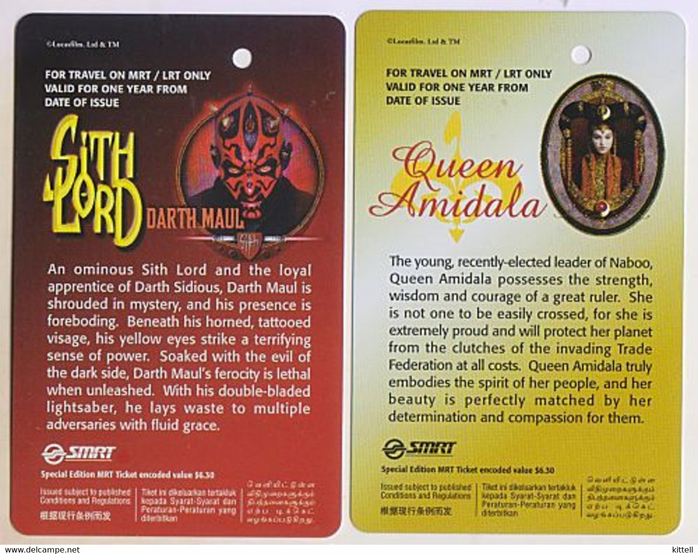 Singapore Old Transport Subway Train Bus Ticket Card Transitlink Unused Star Wars 2 Cards Darth Maul Queen Amidala - World