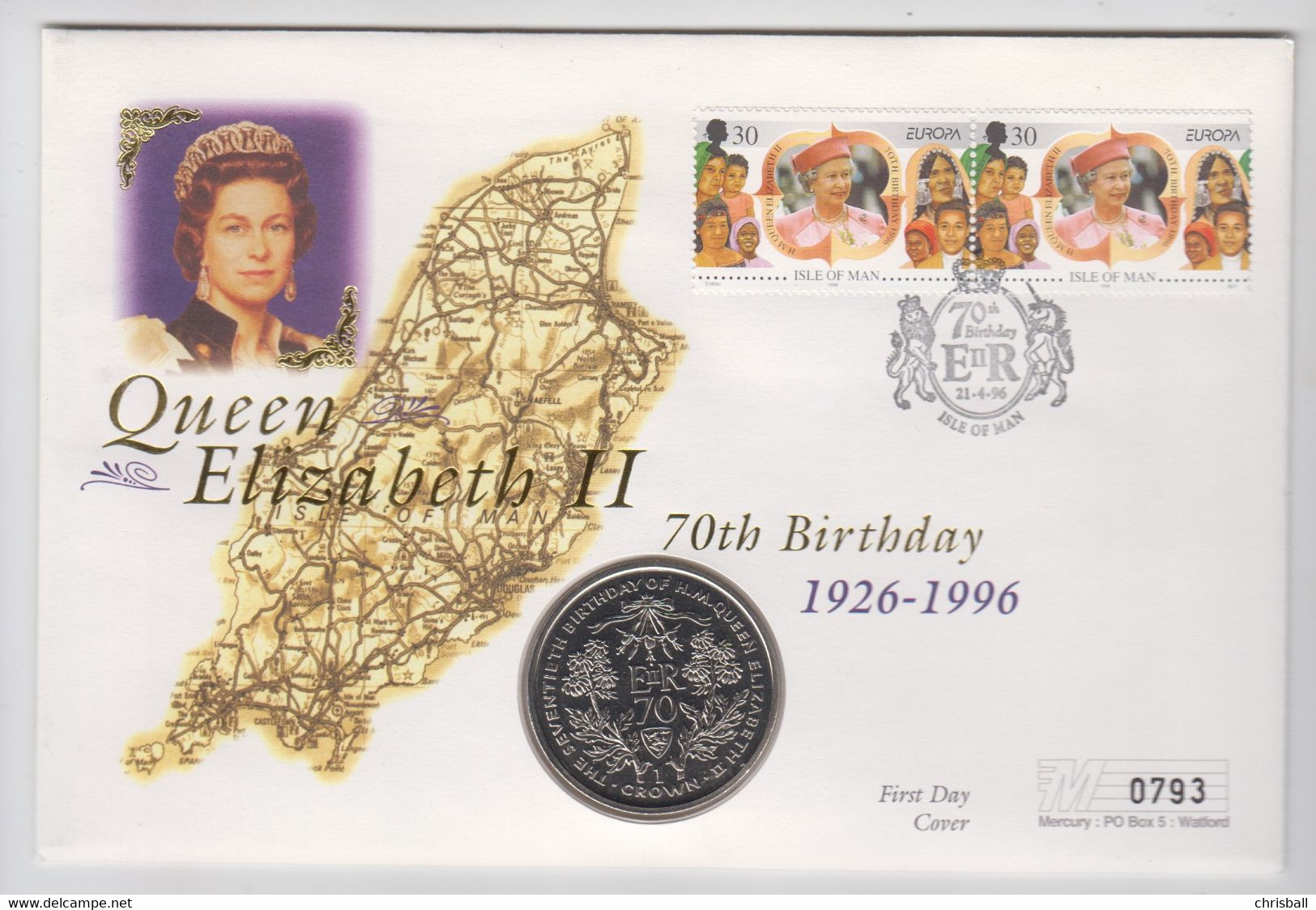 Isle Of Man 1996 Coin & Stamp Cover - Queen Elizabeth 70th Birthday Coin FDC - Île De  Man