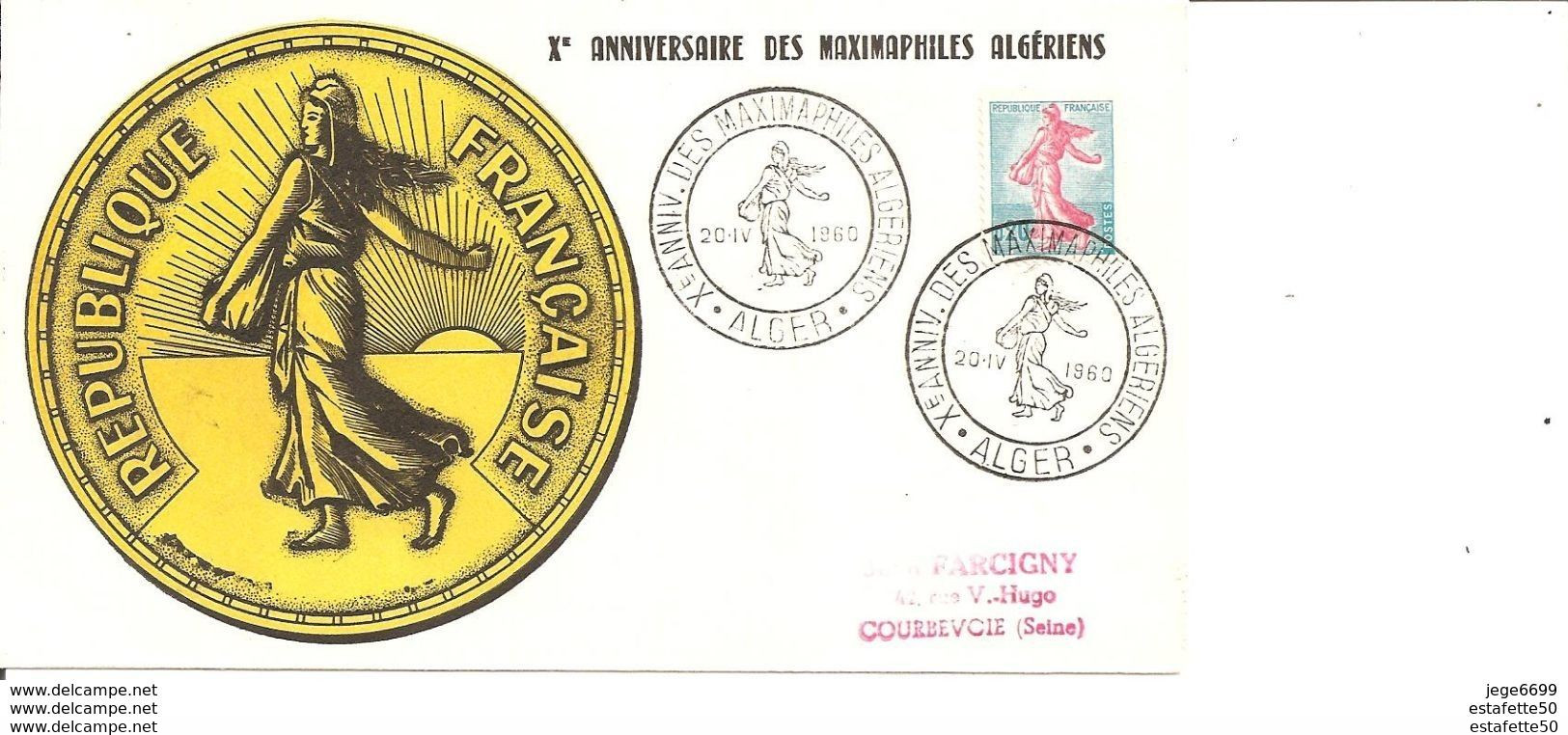 Algérie,France; FDC 1er Jour ; 1960 "Xème Anniversaire Des Maximalistes Algériens ; Alger " - FDC