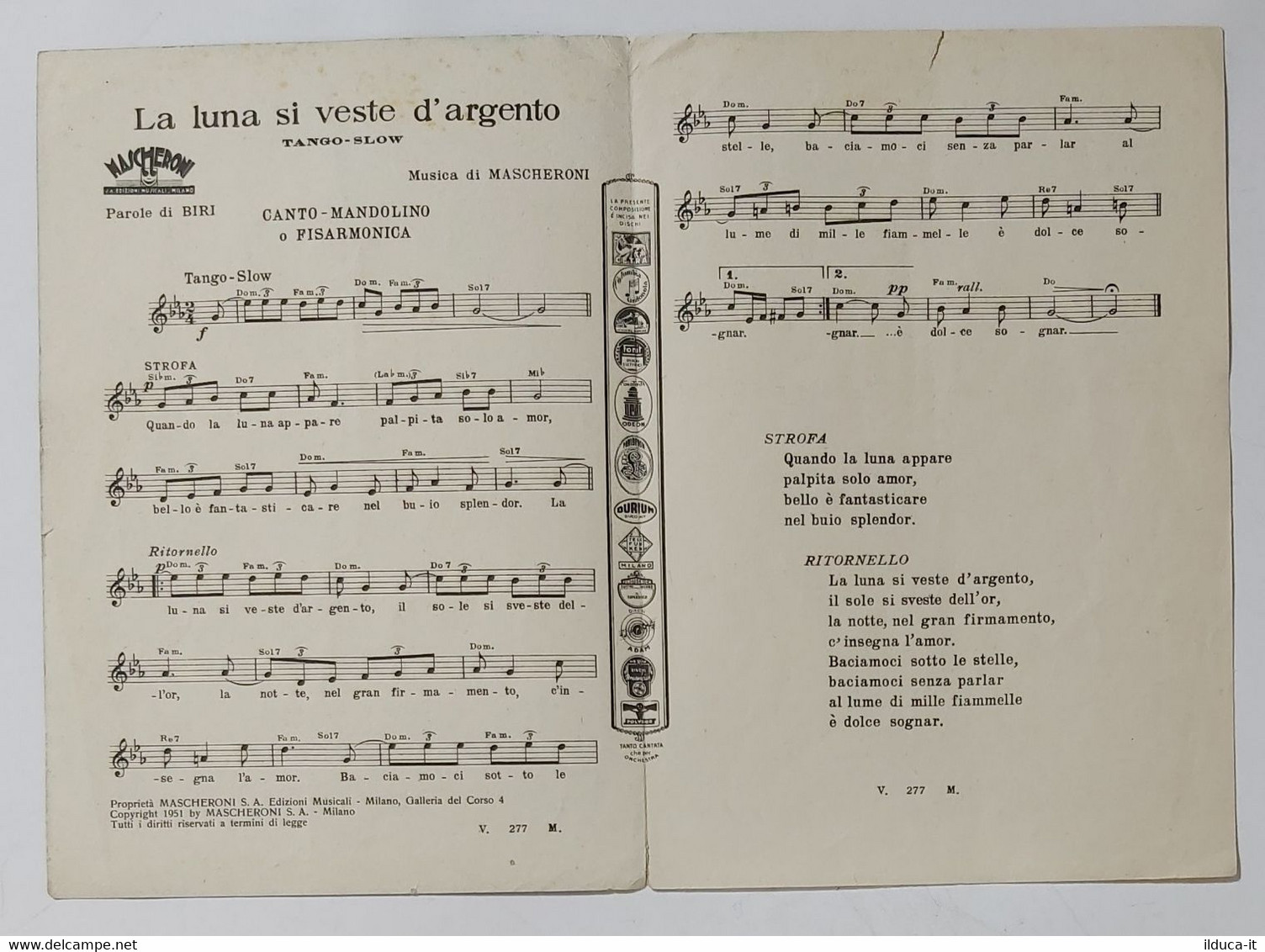 29893 SPARTITO MUSICALE 28/ - La Luna Si Veste D'argento (Tango Slow) - 1951 - Partitions Musicales Anciennes