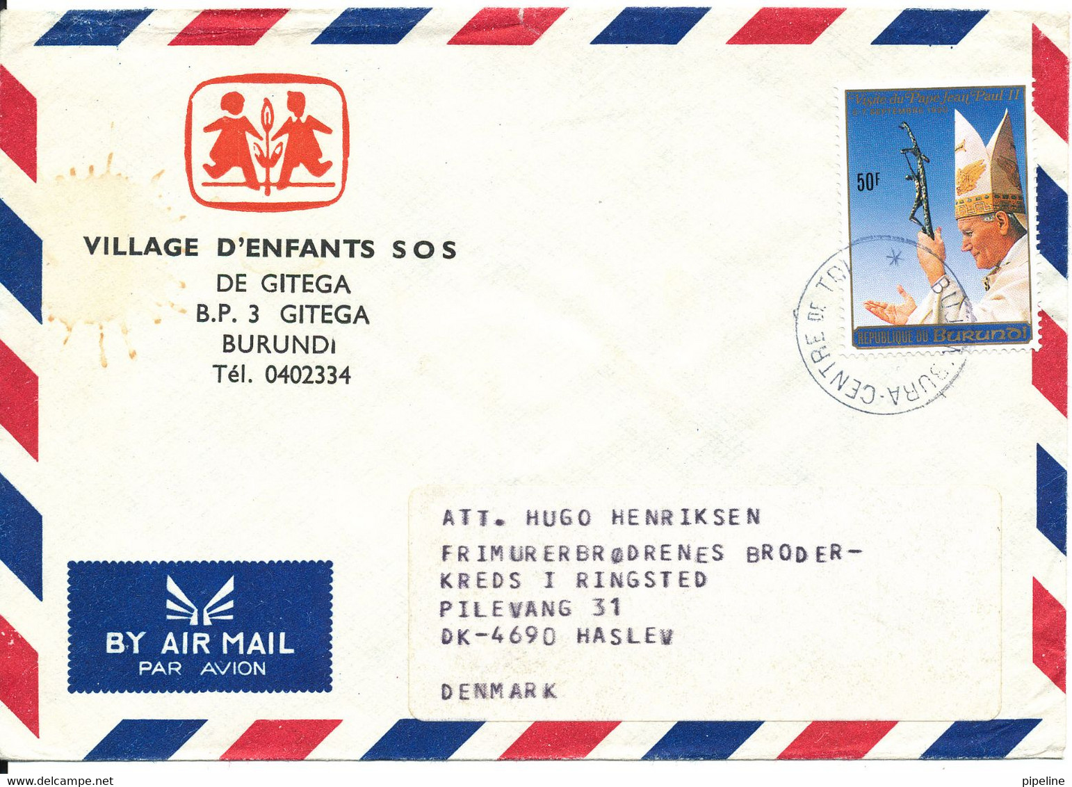 Burundi Air Mail Cover Sent To Denmark 1990 ?? Single Franked POPE Stamp - Oblitérés