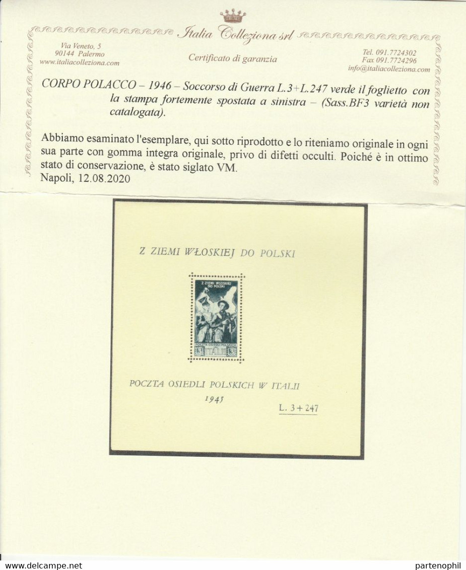 Corpo Polacco  237 - 1946 - Soccorso Di Guerra Foglietto L. 3 + 247. Cert. I.C. SPL - 1946-47 Zeitraum Corpo Polacco