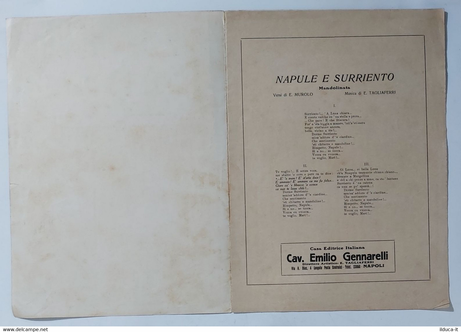 29995 SPARTITO MUSICALE - Napule E Surriento (Mandolinata) - Gennarelli Ed. 1926 - Partituras