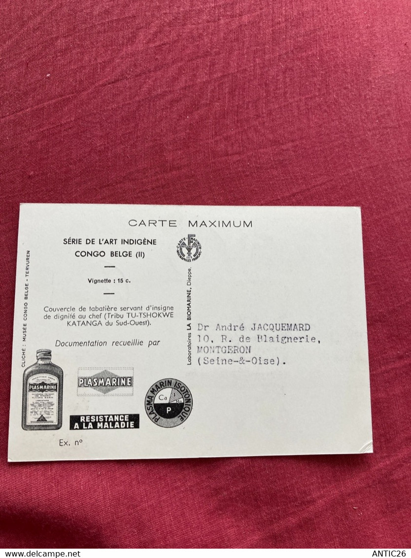 Carte Maximum : Couvercle De Tabatière Servant D'insigne De Dignité Au Chef (Tribu TU-TSHOKWE KATANGA  CONGO BELGE 1952 - 1951-1960