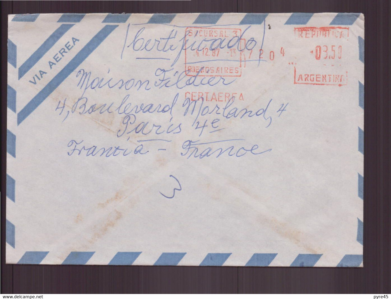 Argentine, Enveloppe Du 14 Décembre 1987 De Buenos Aires Pour Paris - Storia Postale