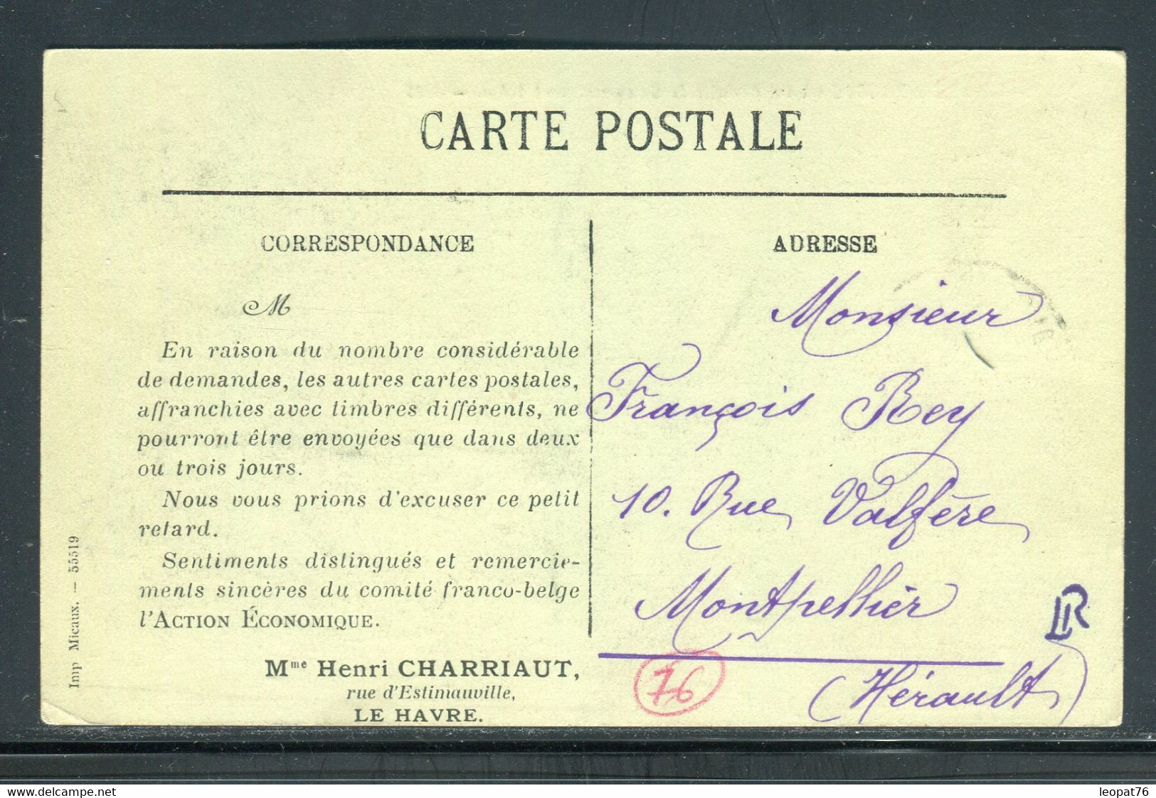 Belgique / France - Affranchissement Du Havre Sur Carte Postale En 1915 Pour Montpellier ( Gouv. En Exil ) - Ref O 11 - Other & Unclassified