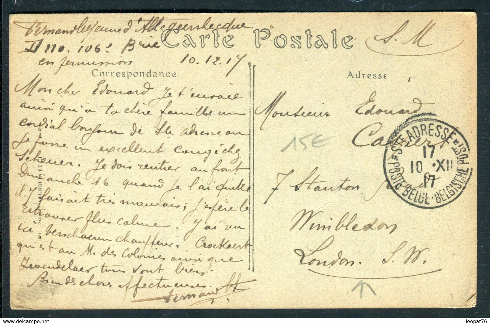 Belgique / France - Carte Postale De Ste Adresse D'un Soldat En FM Pour Londres En 1917 - Ref O 29 - Other & Unclassified