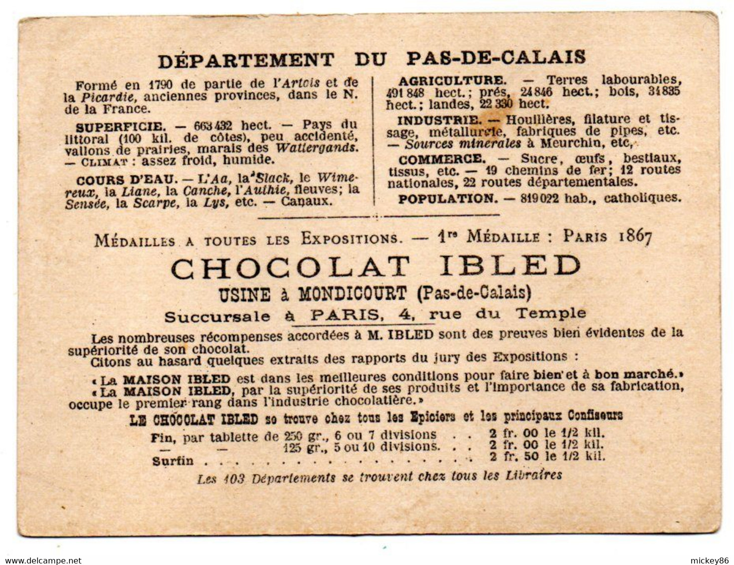 Chromo--PARIS-75--MONDICOURT--62-chocolat IBLED--Département  PAS DE CALAIS-62...format  11.5 Cm X  8.5 Cm......à Saisir - Ibled