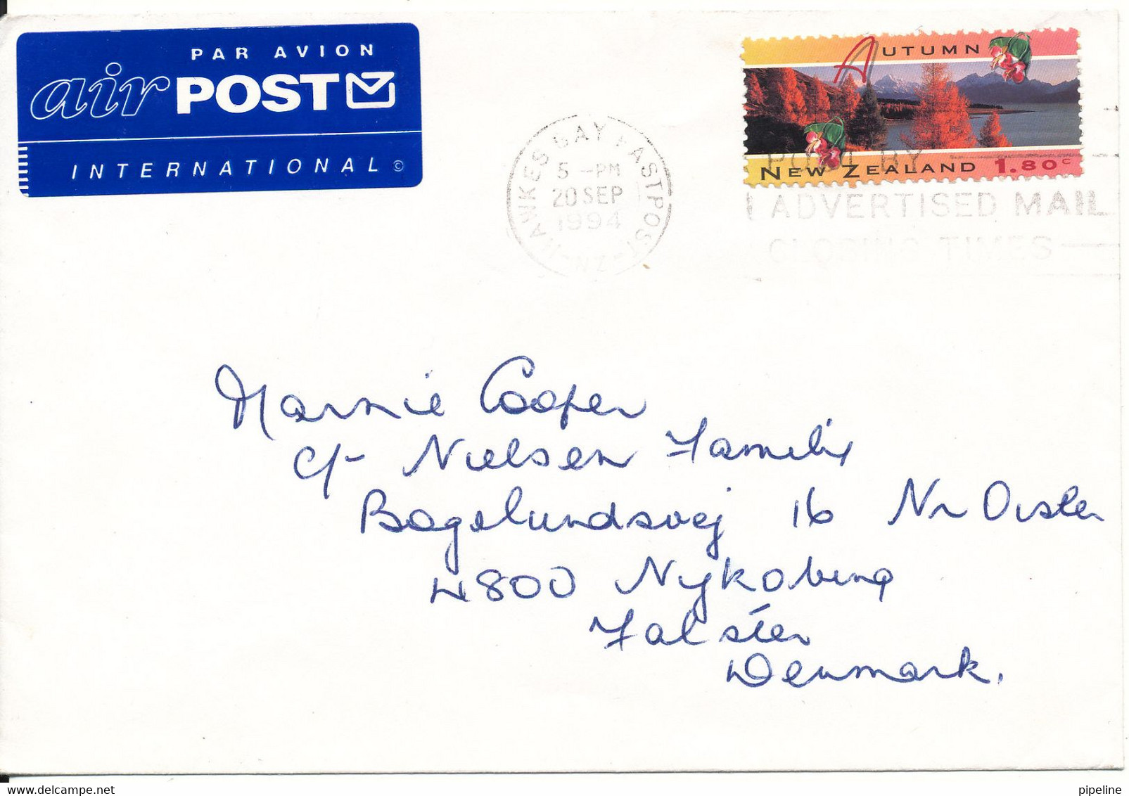 New Zealand Cover Sent To Denmark 20-9-1994 Single Franked - Covers & Documents