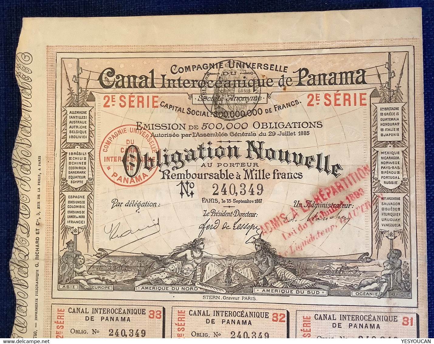 RARE 1887 ! COMPAGNIE UNIVERSELLE CANAL INTEROCEANIQUE DE PANAMA OBLIGATION 1000 FRANCS (stock Action Share France Stern - Transportmiddelen