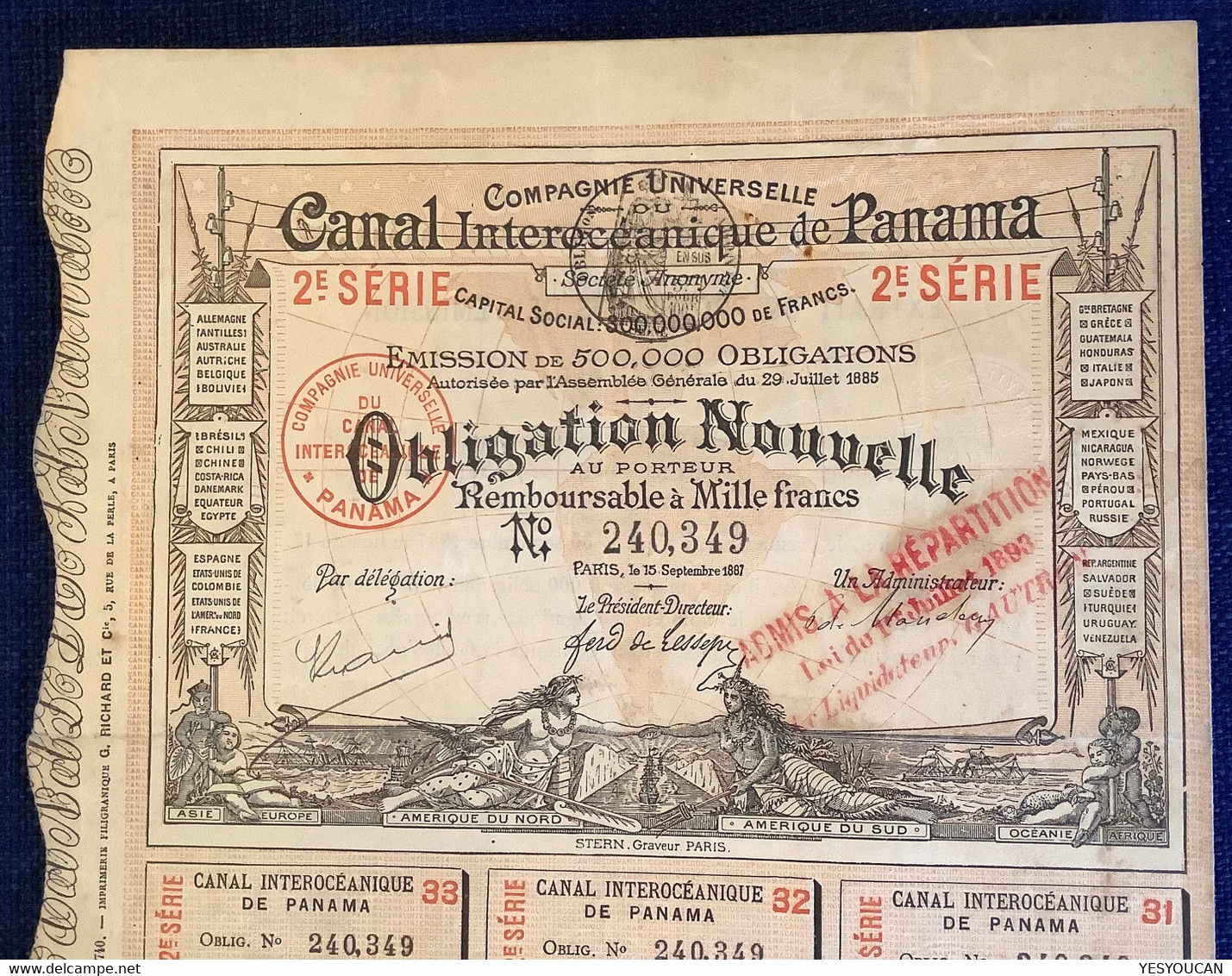 RARE 1887 ! COMPAGNIE UNIVERSELLE CANAL INTEROCEANIQUE DE PANAMA OBLIGATION 1000 FRANCS (stock Action Share France Stern - Transports