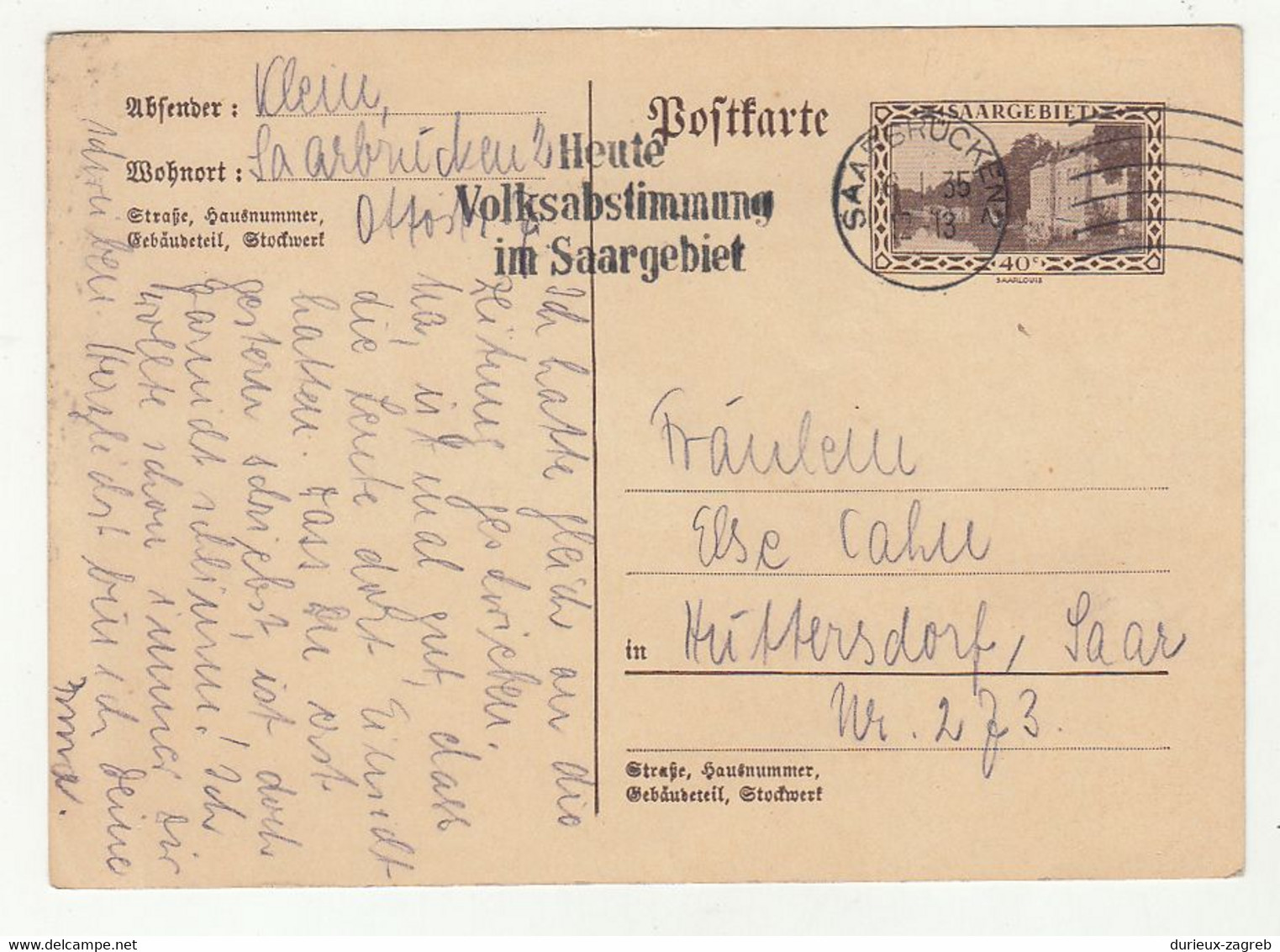 Saar Postal Stationery Postkarte Posted 1935 B211015 - Ganzsachen