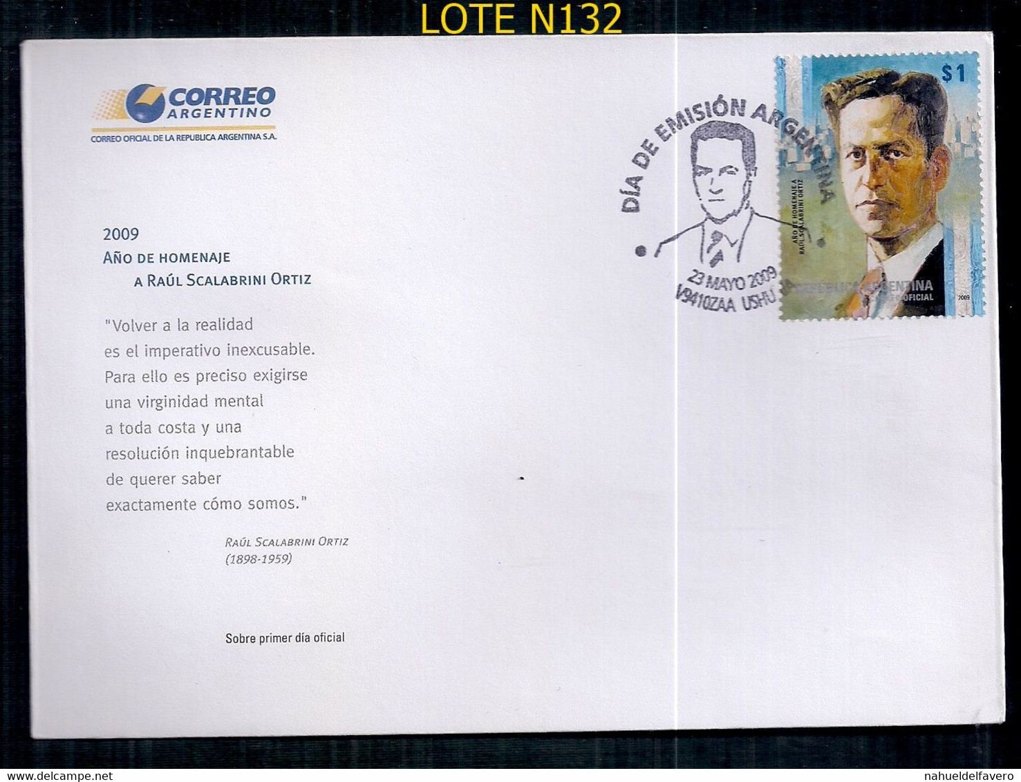 ARGENTINE 2009 GJ 3739 HOMMAGE À SCALABRINI ORTIZ - Covers & Documents