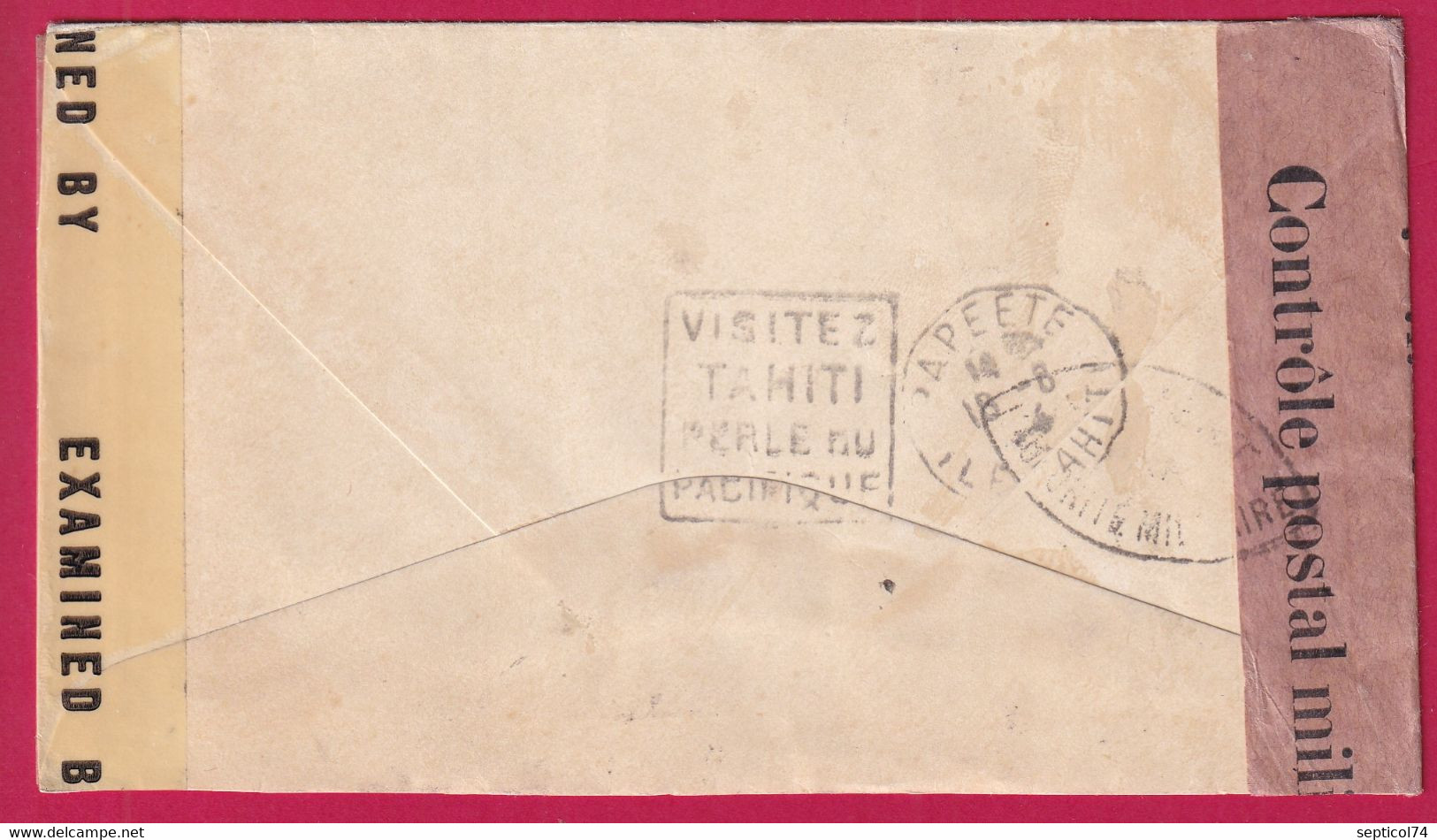 TAHITI ETS FRANCAIS OCEANIE PAPEETE FRANCE LIBRE 1944 DOUBLE CENSURE POUR MILWAUKEE OREGON USA  DAGUIN AU DOS - Storia Postale