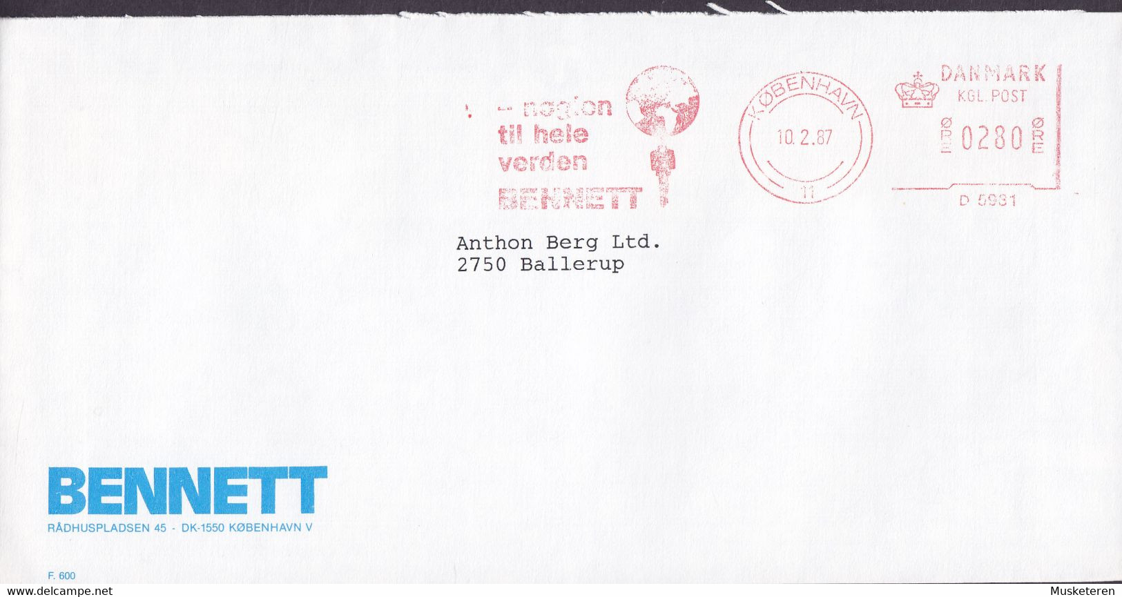 Denmark BENNETT 'D 5931' KØBENHAVN 1987 Meter Cover Freistempel Brief BALLERUP Denmark - Macchine Per Obliterare (EMA)