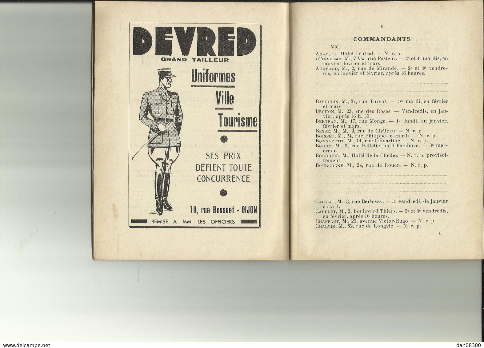 PLACE DE DIJON CARNET D'ADRESSE 1939 COORDONNEES DES OFFICERS D'ACTIVE DE RESERVE ET EN RETRAITE.