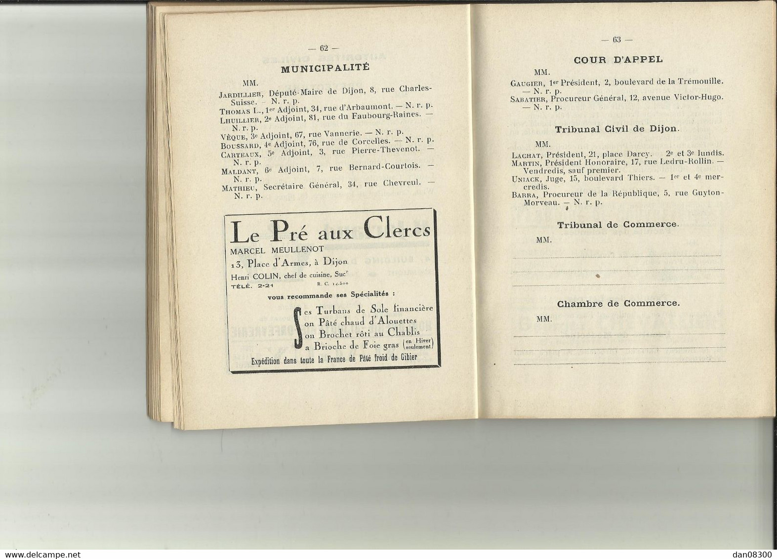 PLACE DE DIJON CARNET D'ADRESSE 1939 COORDONNEES DES OFFICERS D'ACTIVE DE RESERVE ET EN RETRAITE.