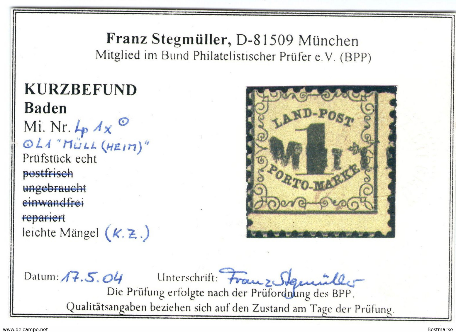 Langstempel MÜLLHEIM Auf 1 Kreuzer Gelb - Baden Porto Nr. 1 X - Pracht - Geprüft BPP - Mint