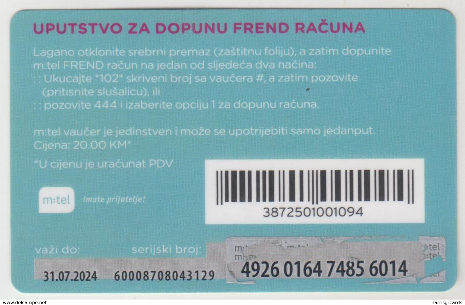 BOSNIA - Frend, 20KM , MTel GSM Refill, Used - Bosnië