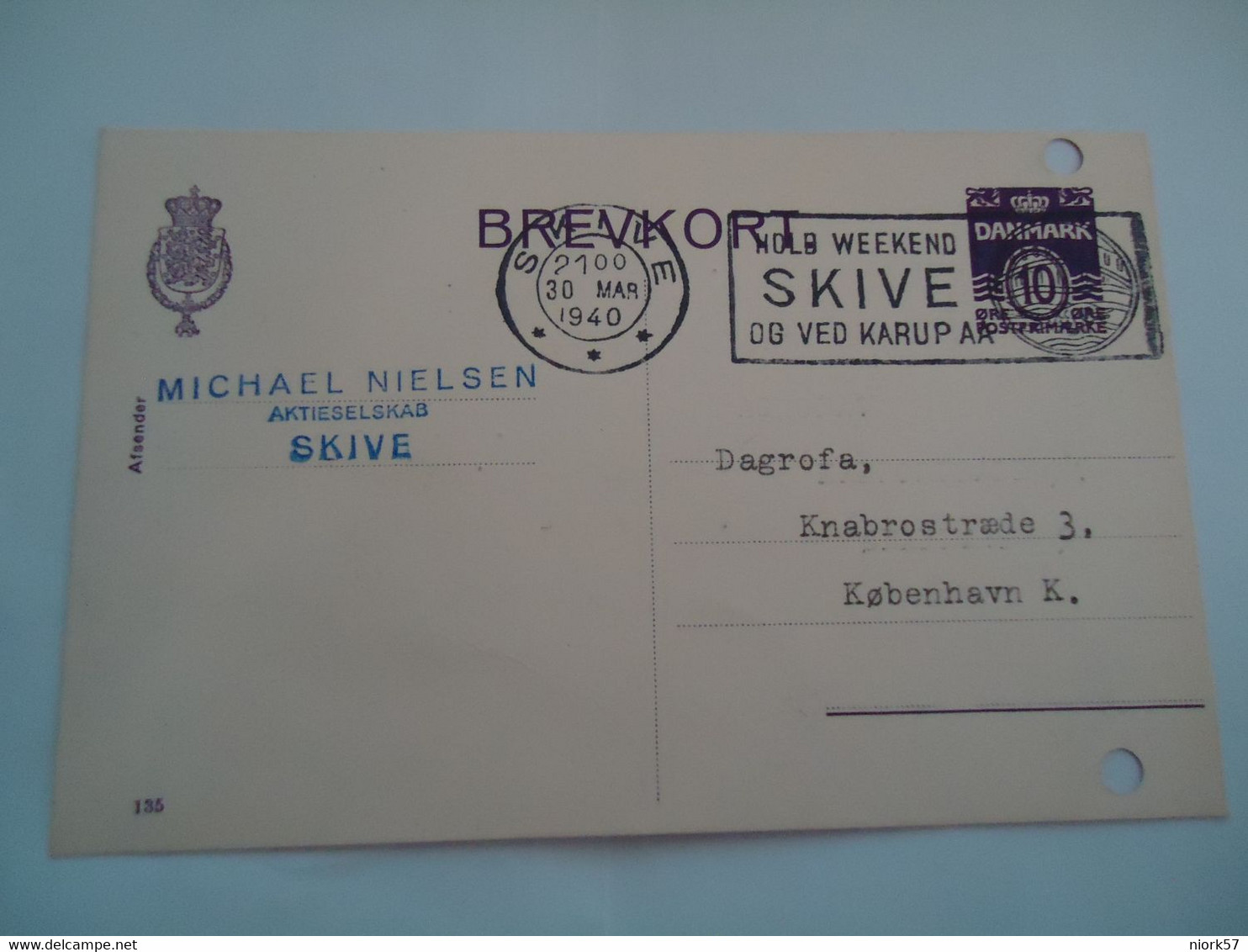 DENMARK BREVKORT    1940    SKIVE    2 SCAN - Tarjetas – Máximo