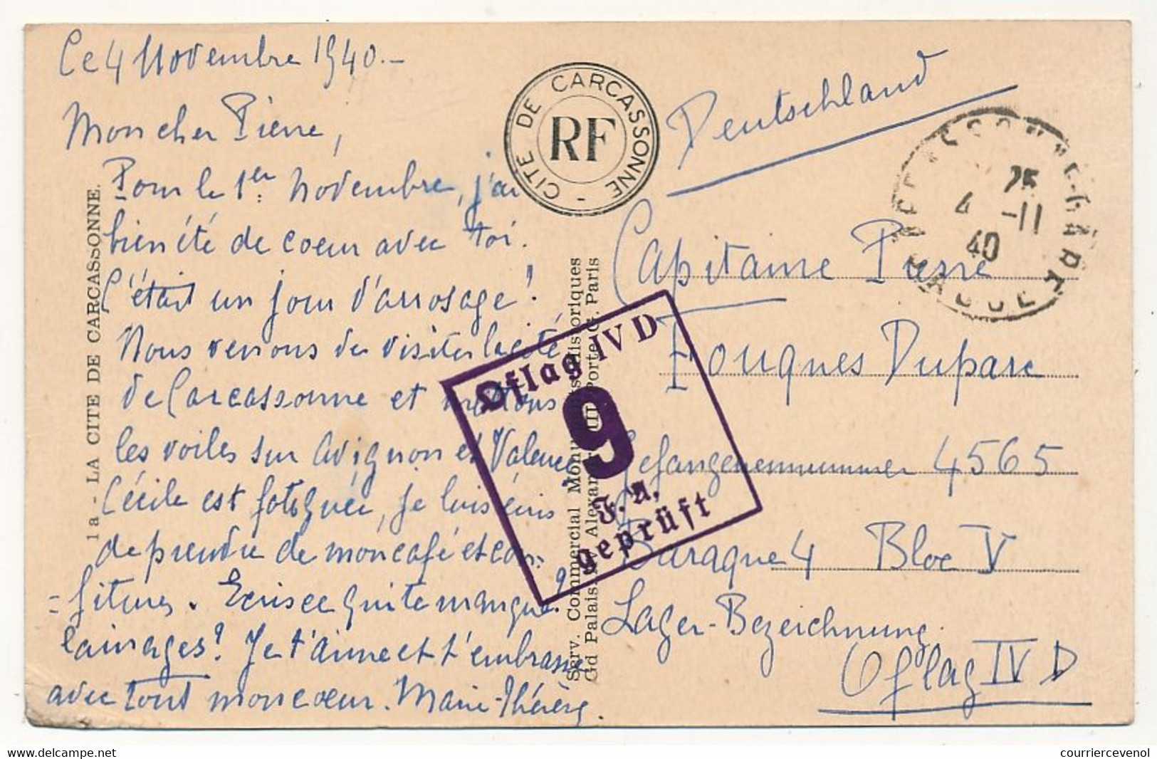 FRANCE - CPA illustrée ayant voyagé pour OFLAG IVD - Censeur Geprüft 9 - de Carcassonne 4/11/1940