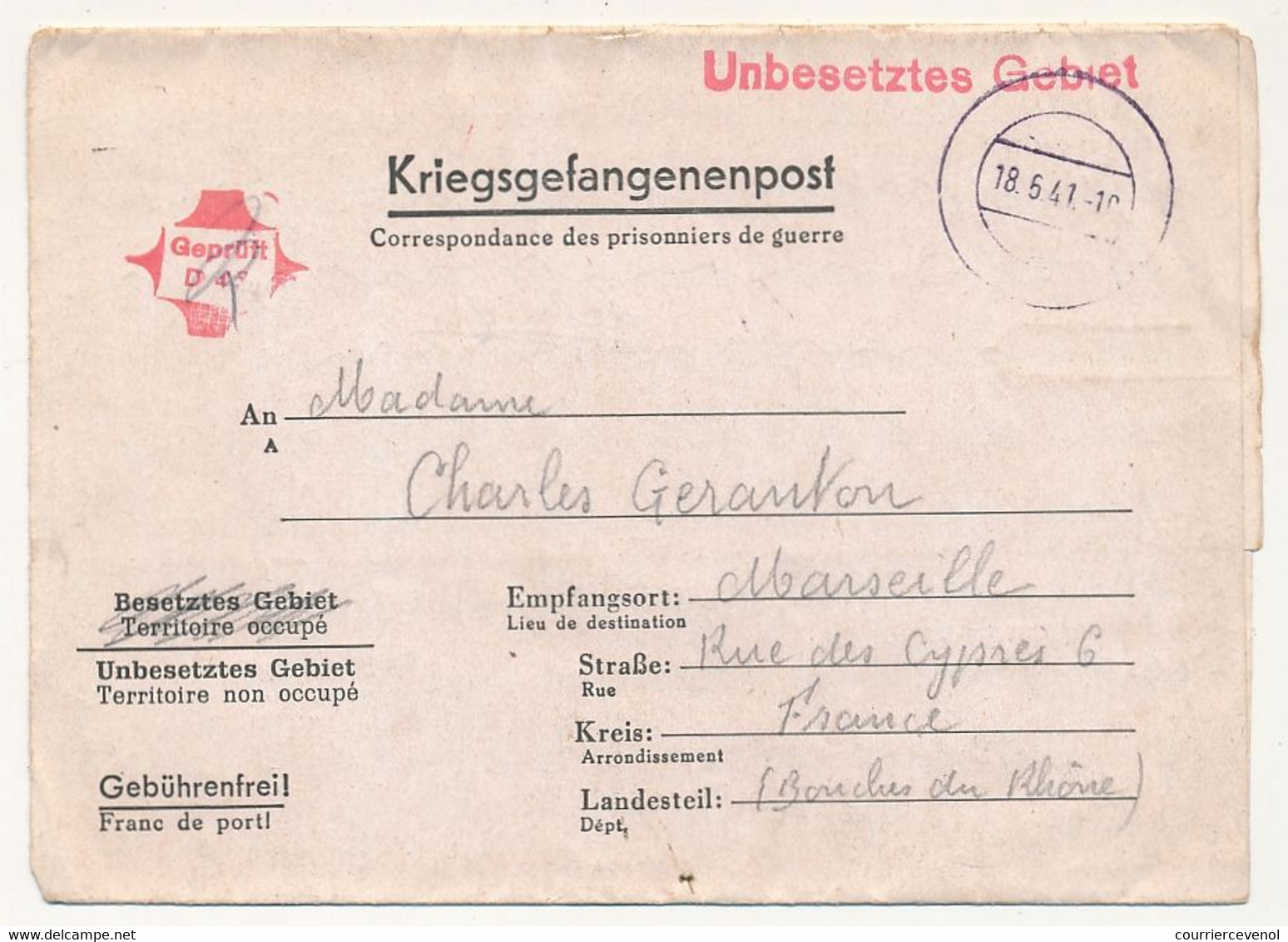 FRANCE - Correspondance des PG - du Stalag XIII B - Censeur Geprüft 49 - 1941 + cachet "pour gagner du temps ..."