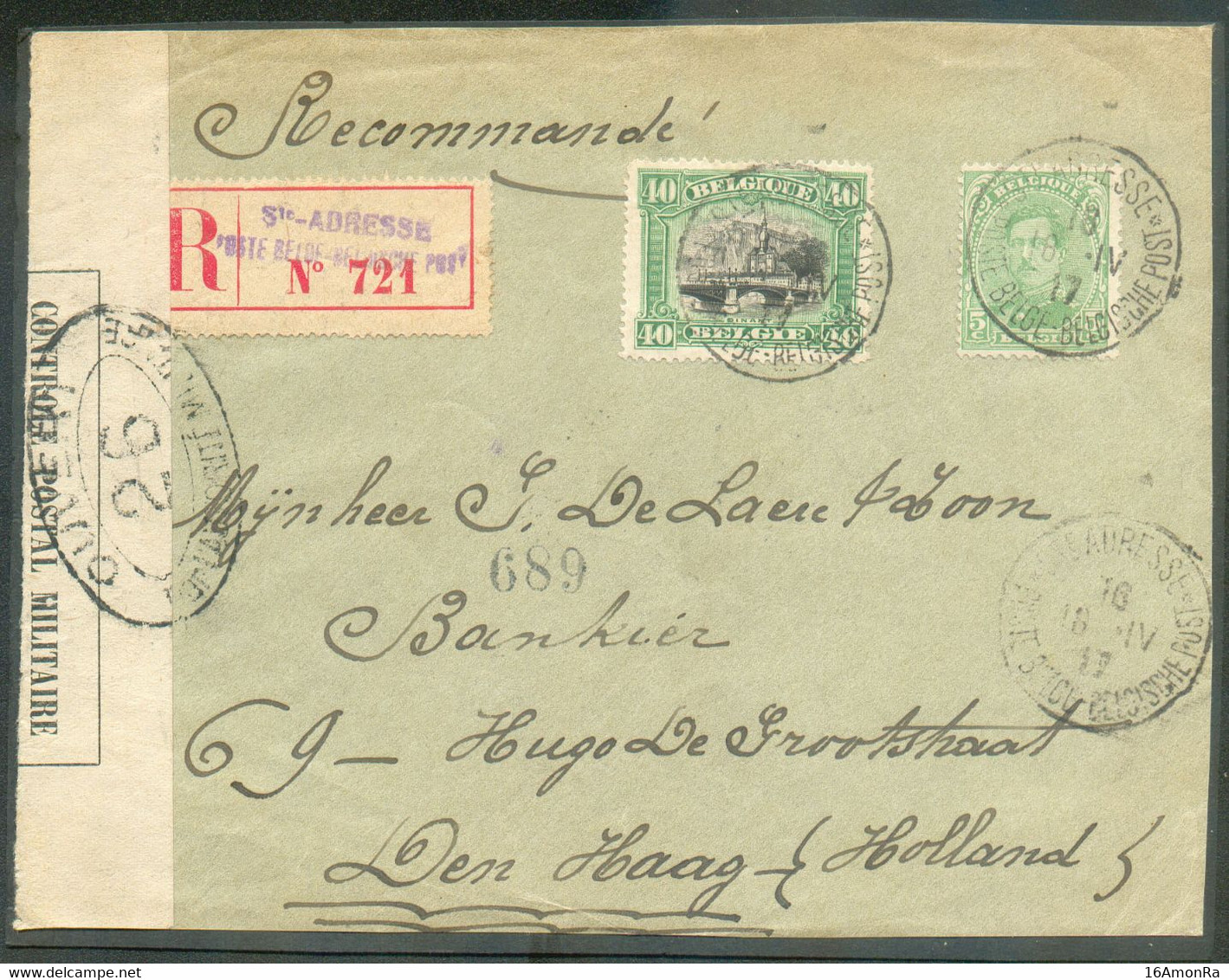 5c. + 40c. Emission 1915  Obl. Sc Ste-ADRESSE * POSTE BELGE Sur Devant Recomandée (Etiq. Bilingue) Du 15-IV-1917 vers De - Autres & Non Classés