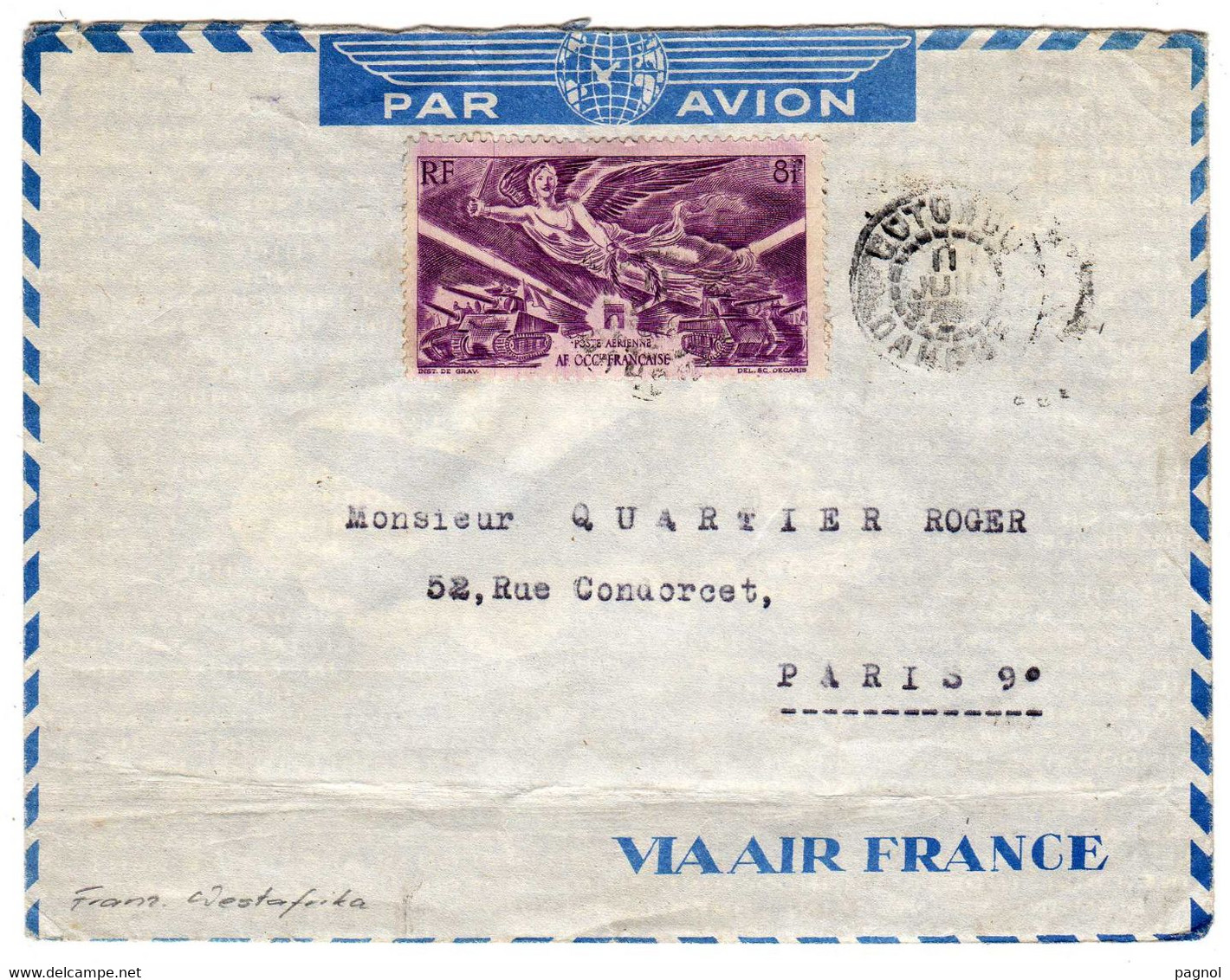 A.O.F. : Lettre Par Avion ,cachet Cotonou ( Dahomey ) : Anniversaire De La Victoire - Briefe U. Dokumente