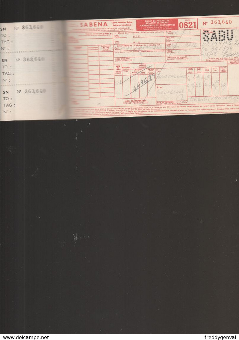 SABENA  TICKET D,AVION BARCELONE-BRUXELLES  31 MAI 1952 - Biglietti