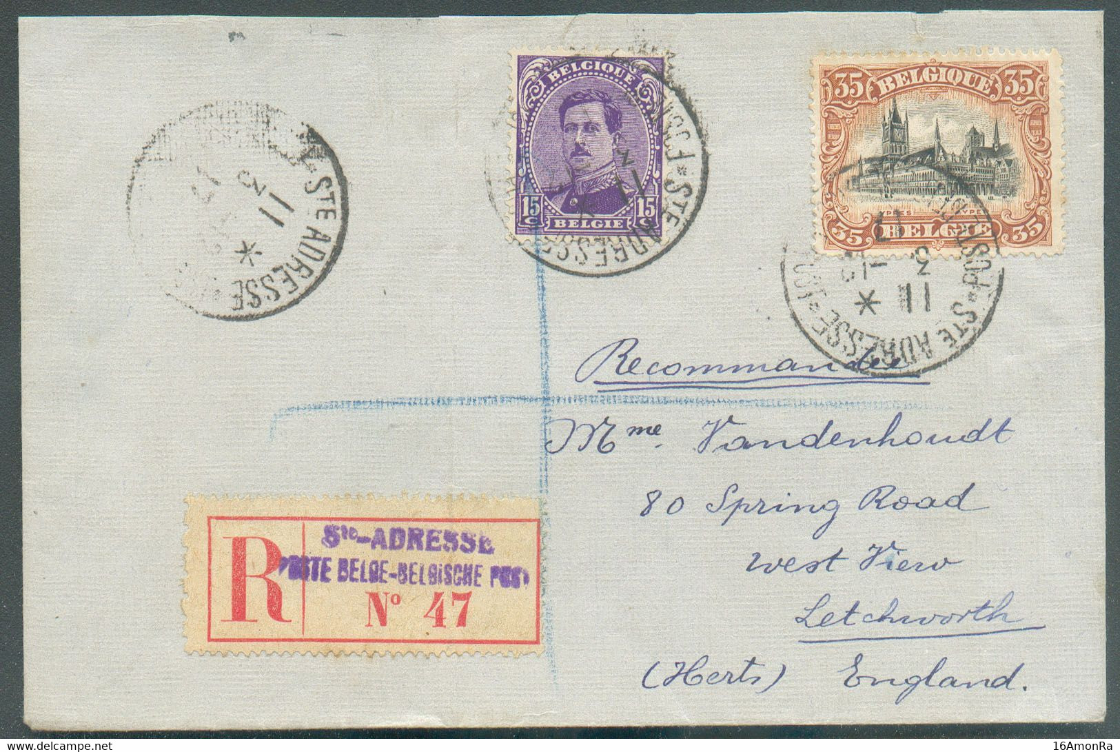 15c. + 35c. Emission 1915  Obl. Sc Ste-ADRESSE * POSTE BELGE Sur Lettre Recommandée (Etiq. Bilingue) Du 3-X-1917 Vers  L - Autres & Non Classés