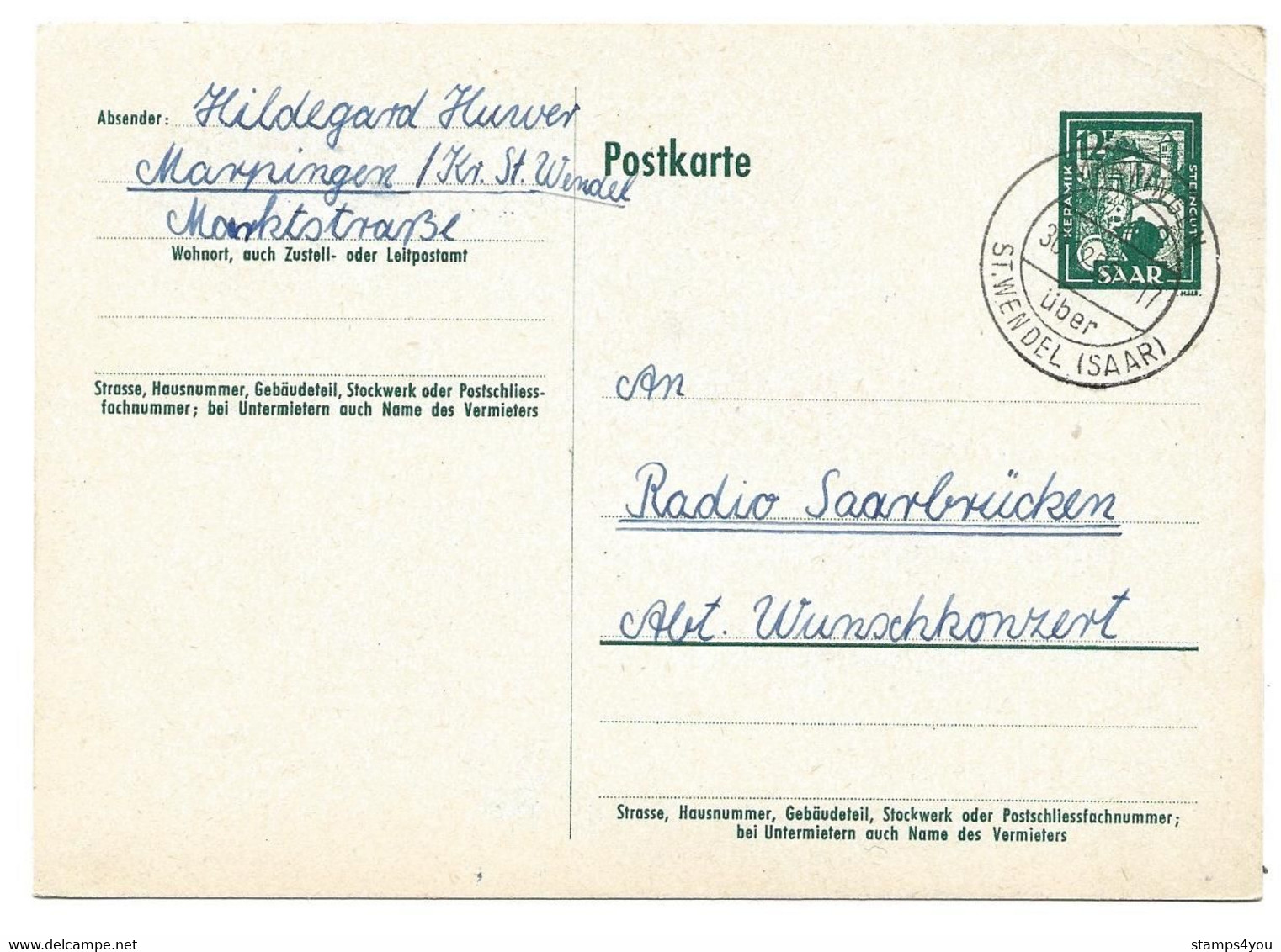 52 - 84 - Entier Postal Avec Cachet à Date  Marpingen über St. Wendel 1952 - Ganzsachen