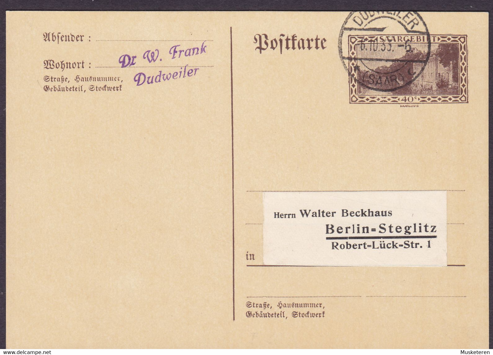 Saargebiet Postal Stationery Ganzsache Entier Postkarte Kaserne Saarlouis DUDWEILER (Saar) 1933 BERLIN-STEGLITZ - Ganzsachen