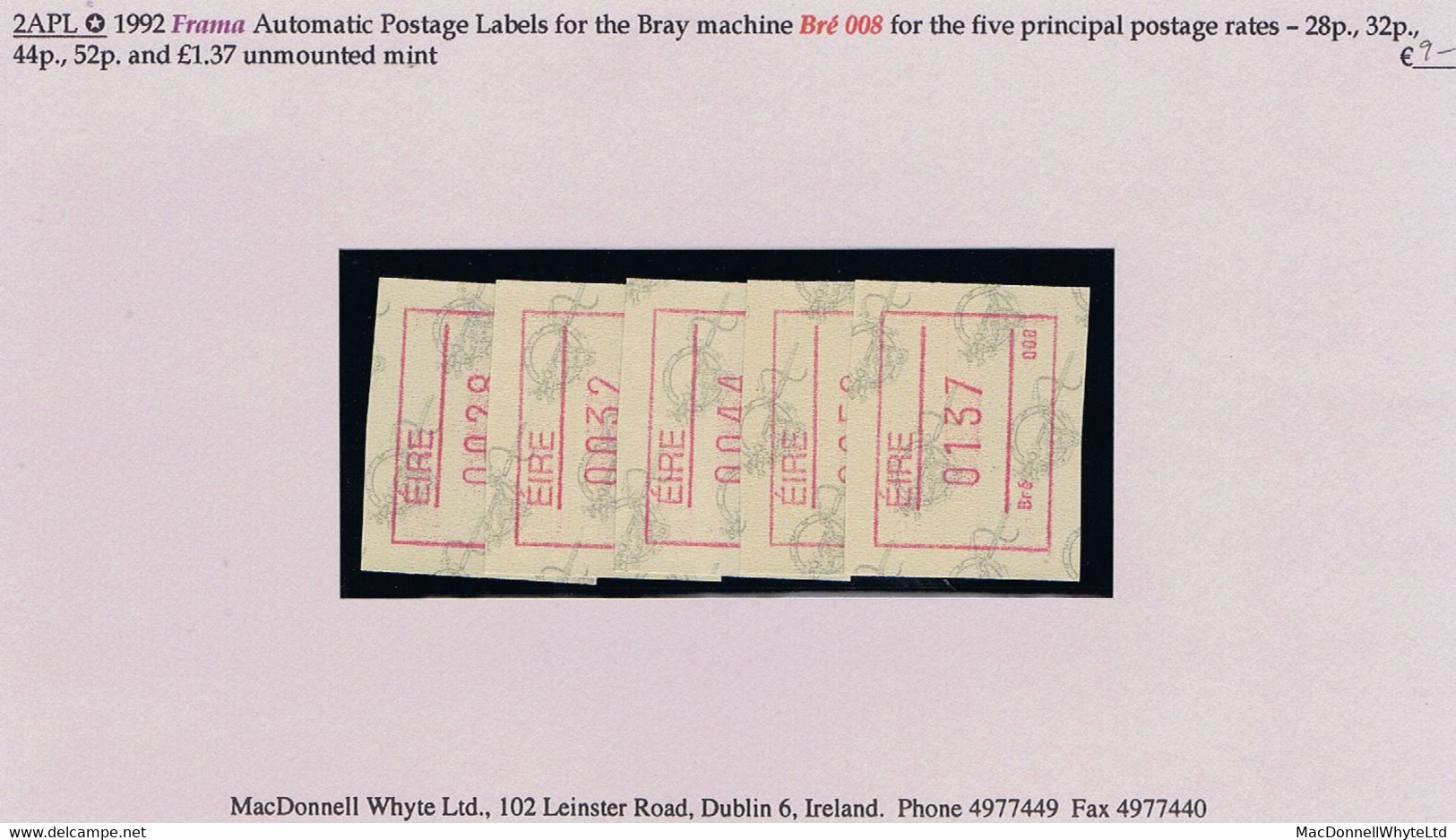 Ireland 1992 Frama Automatic Postage Labels For Bray 008 Machine For Five Rates 28p, 32p, 44p, 52p, £1.37 Mint - Franking Labels