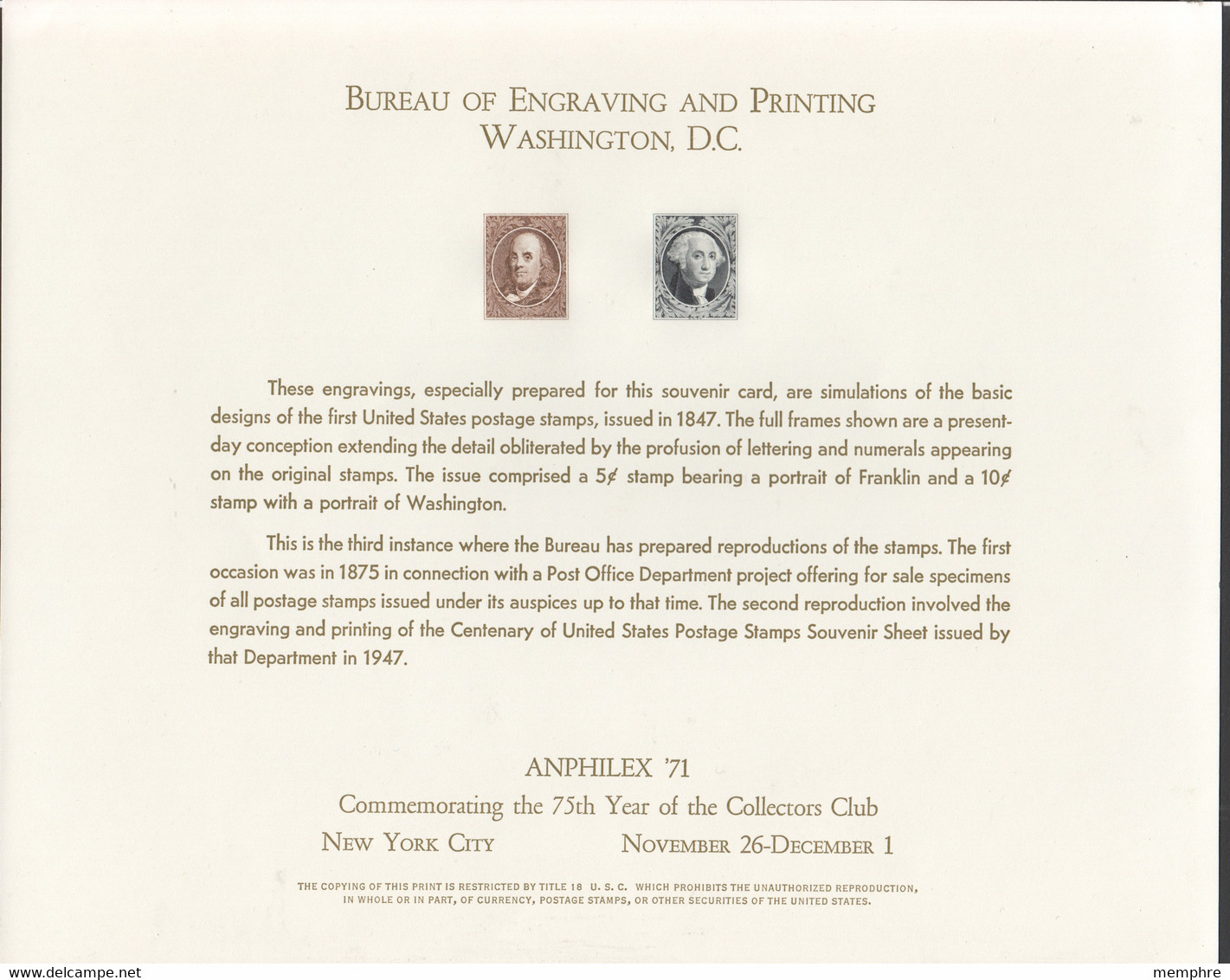 1971 ANPHILEX  Bureau Of Engraving Souvenir Card  Very Fine - Souvenirkaarten