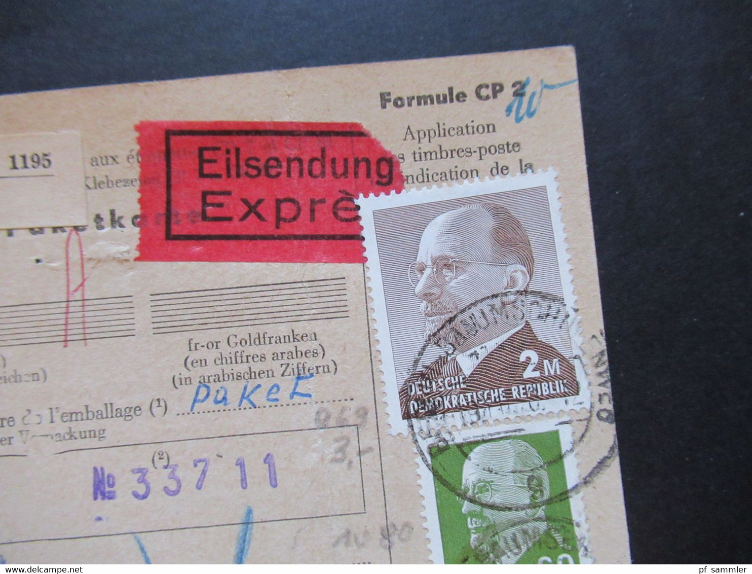 DDR 1963 / 70 Paketkarte Ulbricht 2 Dm Nr.969 Berlin - Brüssel Eilsendung Express Stempel Berlin Baumschulenweg - Cartas & Documentos