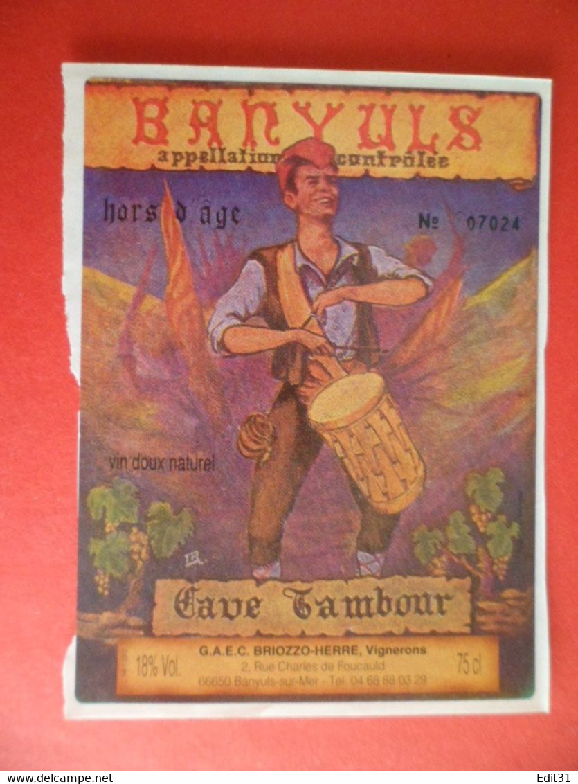 Etiquette Vin Autocollant BANYULS Pyrenees Orientales Hors D' Age - Cave Tambour - Musique - Musica