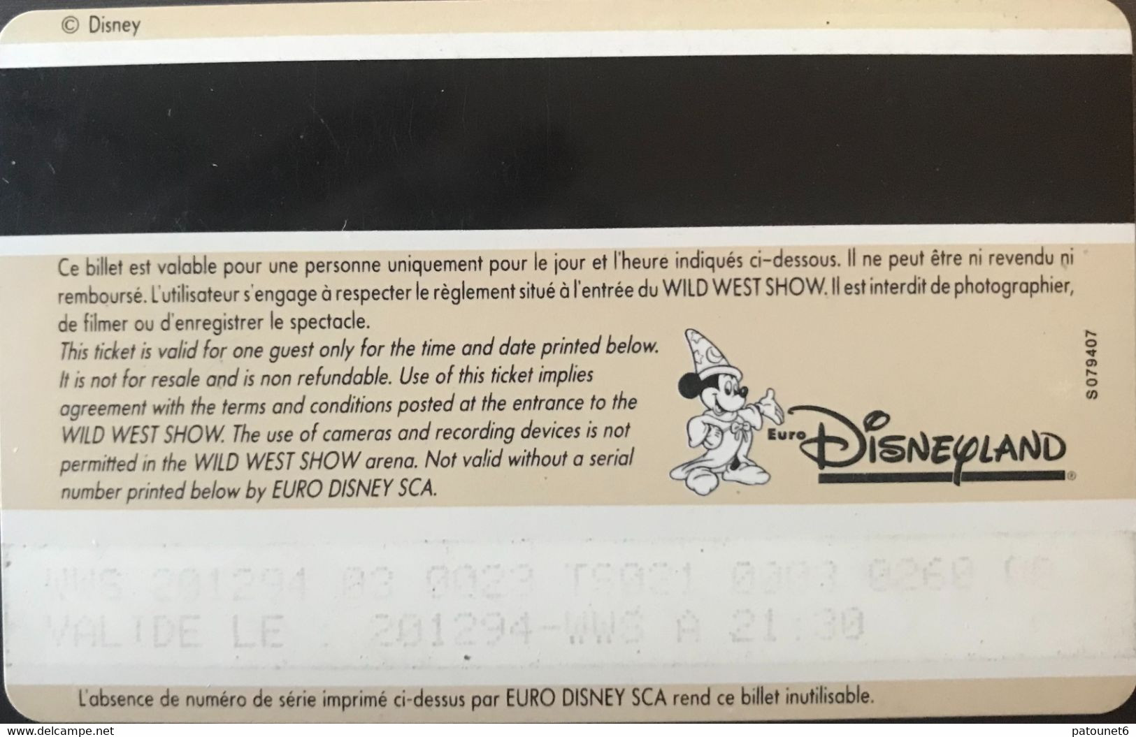 FRANCE  - Euro DisneyLAND  -  SPECTACLE BUFFALO BILL  -  1ère Série  -  Adulte   -  Bande Magnétique Noire - Disney Passports