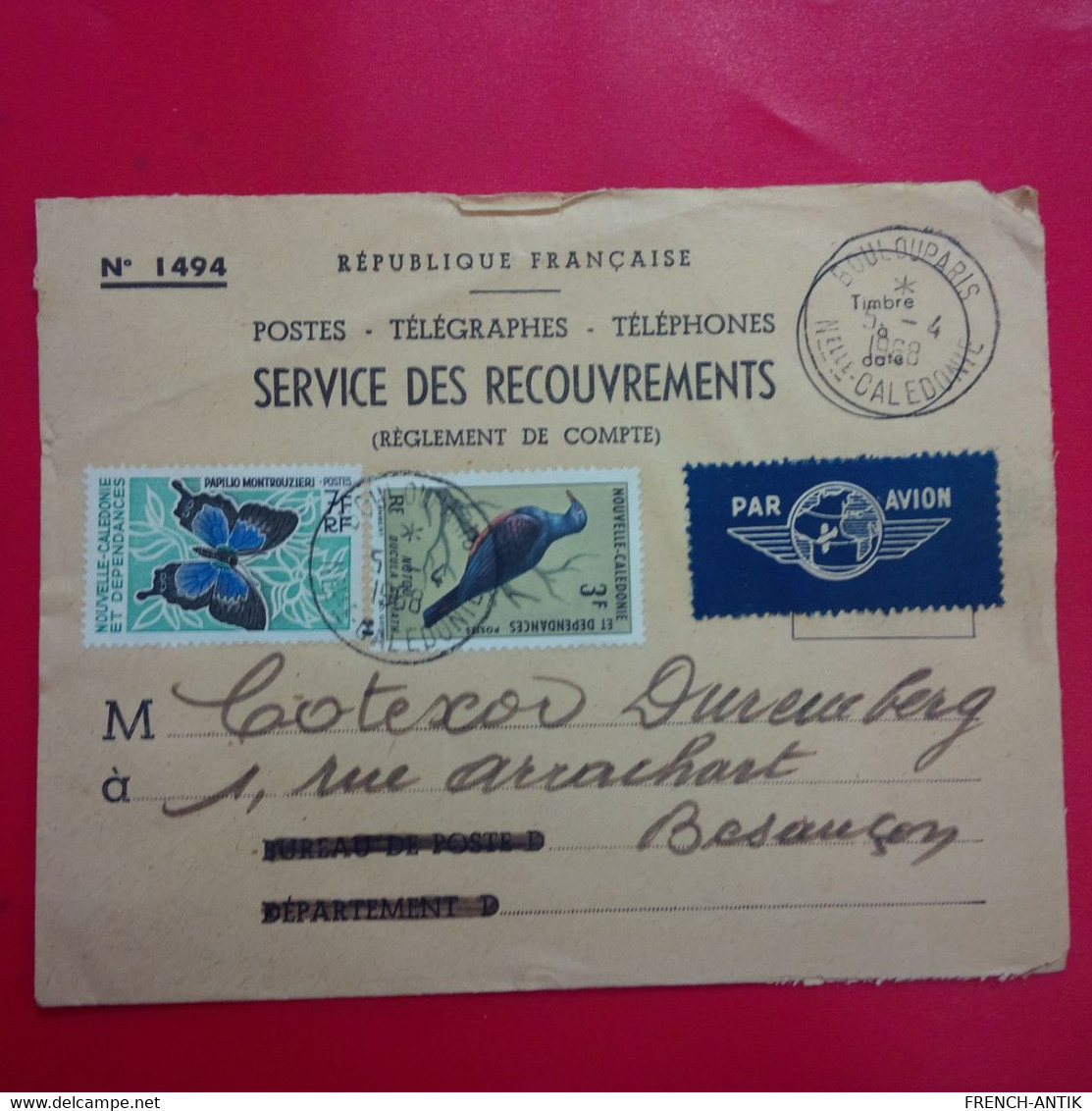 LETTRE SERVICE DES RECOUVREMENTS NOUVELLE CALEDONIE BOULOUPARIS PAR AVION - Lettres & Documents