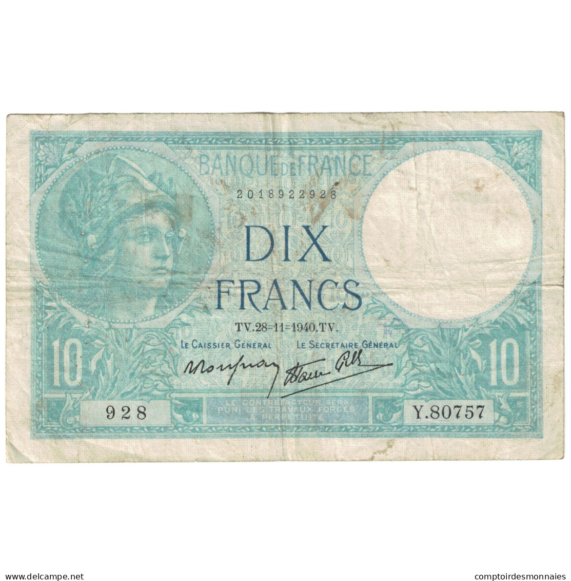 France, 10 Francs, Minerve, 1940, 1940-11-28, TTB, Fayette:7.22, KM:84 - 10 F 1916-1942 ''Minerve''