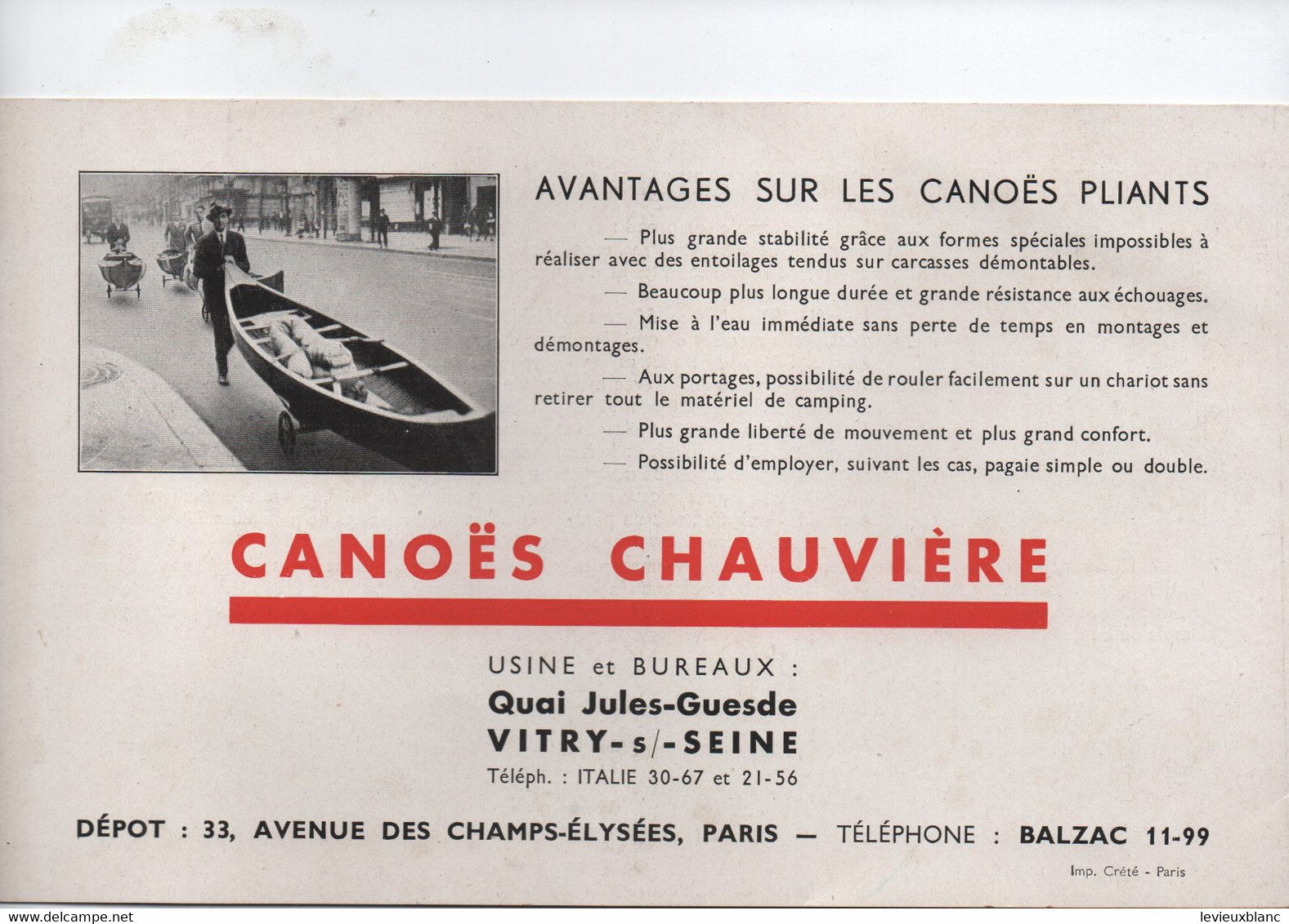 Dépliant Commercial à 3 Volets ( 6 Pages)/ CANOËS CHAUVIERE/ Capro-Canadia/VITRY Sur SEINE/Vers 1930-1945         MAR85 - Sport & Tourismus