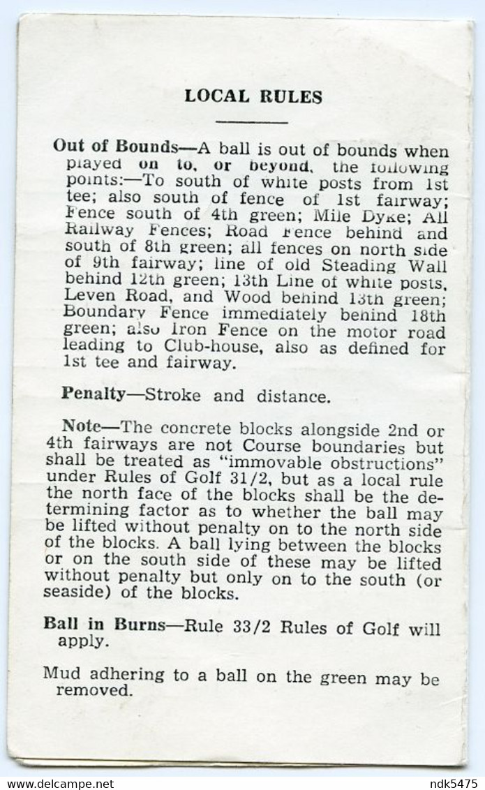 LUNDIN GOLF CLUB, ST ANDREWS : SCORE CARD, 1970 - Bekleidung, Souvenirs Und Sonstige