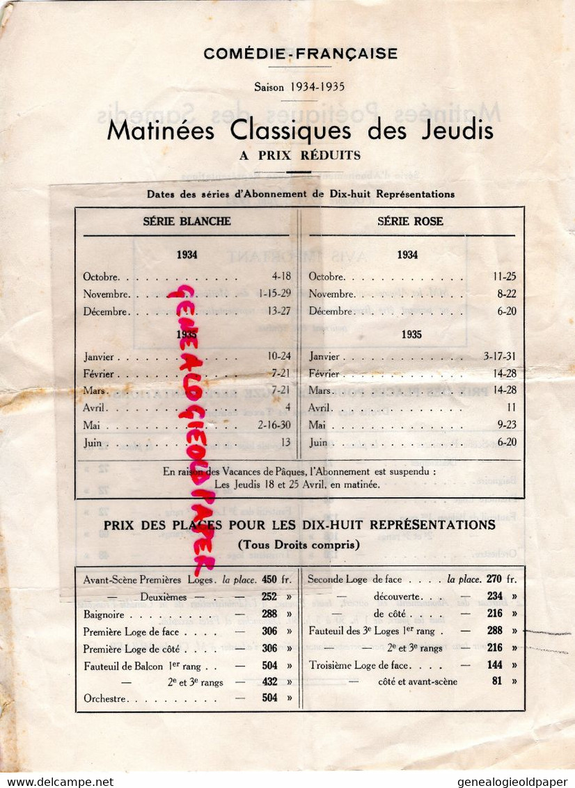 75- PARIS- PROGRAMME PRIX DES PLACES COMEDIE FRANCAISE 1934-1935- - Programas