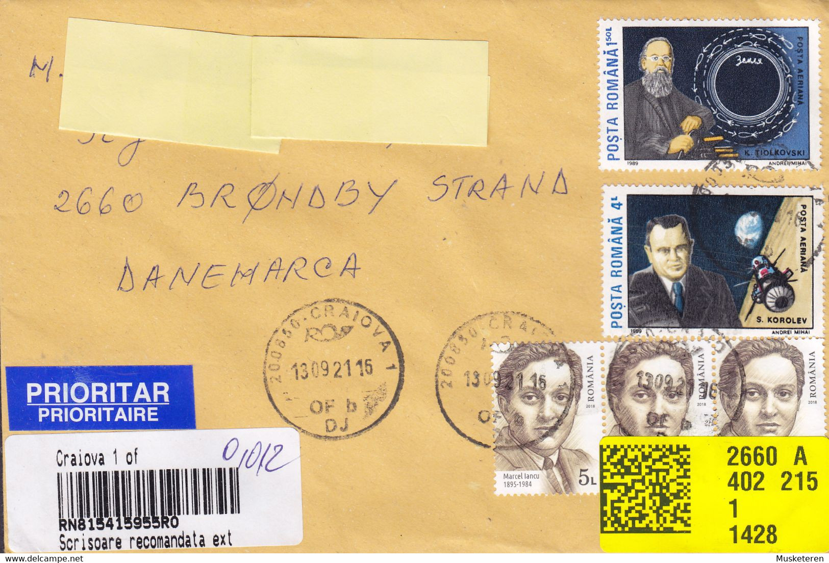 Romania PRIORITAIRE & Registered Einschreiben Labels CRAIOVA 2021 Cover Brief BRØNDBY STRAND Denmark - Lettres & Documents